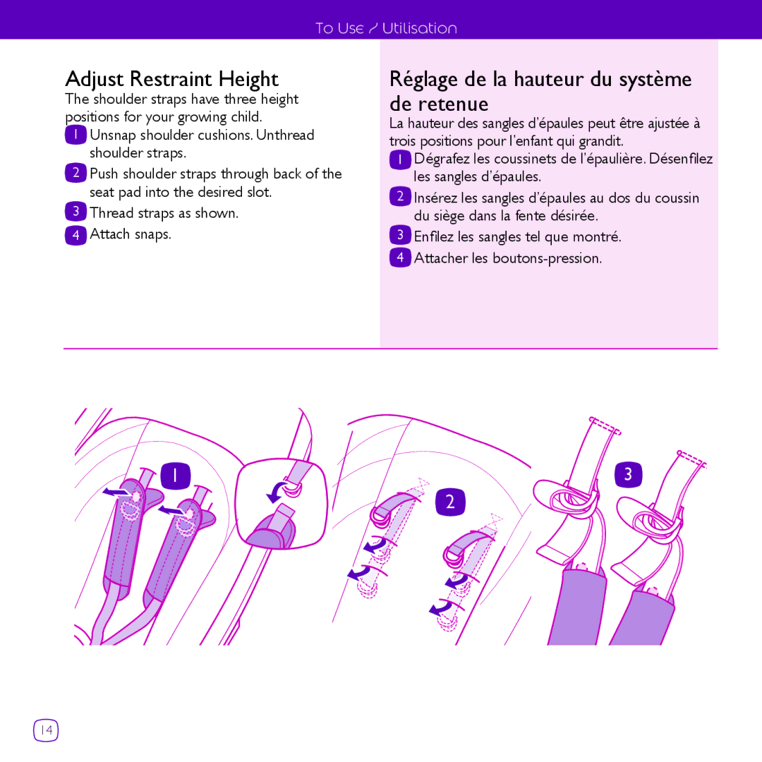 Quinny CV061 manual Adjust Restraint Height, Réglage de la hauteur du système de retenue 