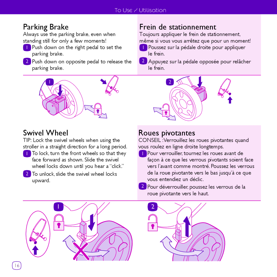 Quinny CV061 manual Parking Brake, Frein de stationnement, Swivel Wheel, Roues pivotantes 