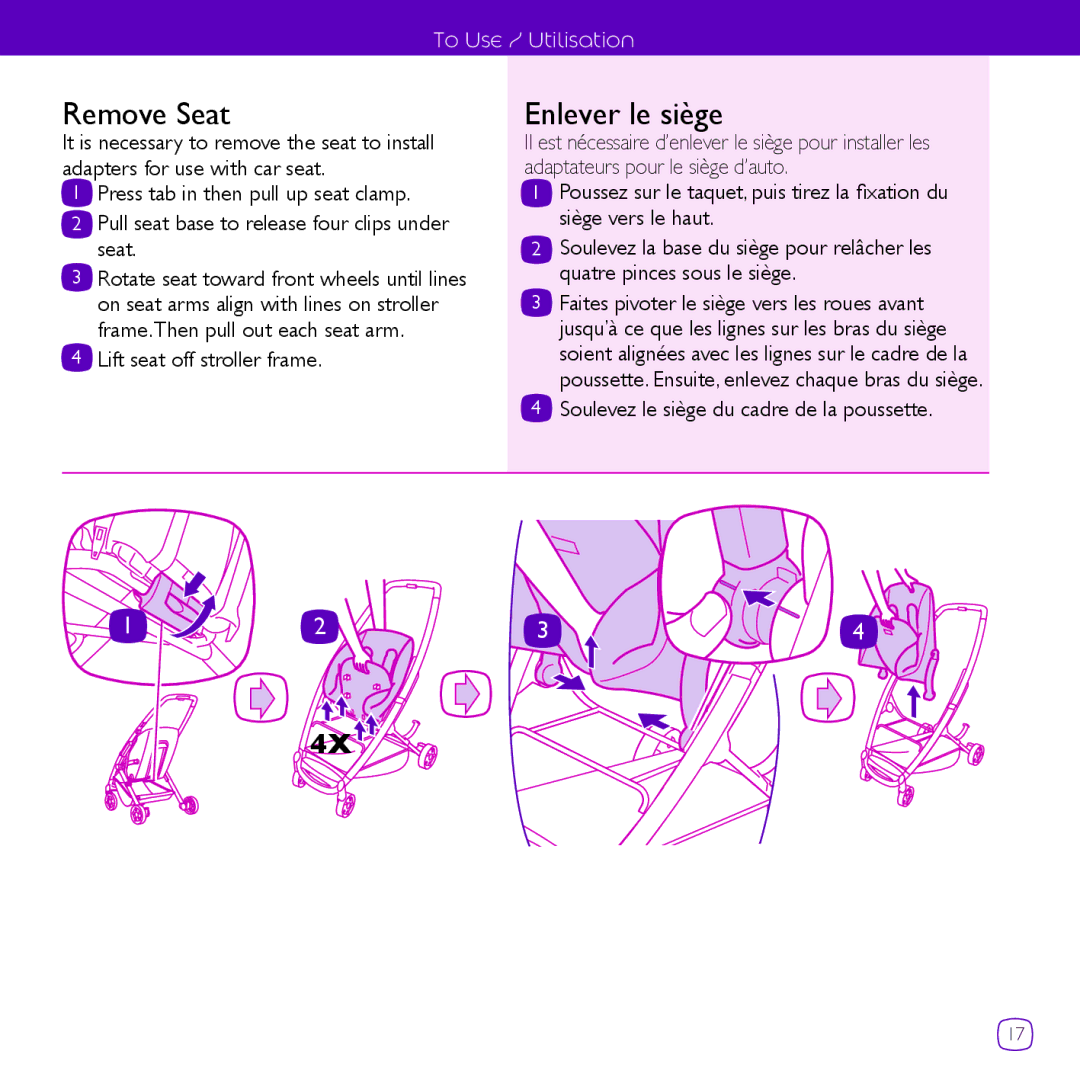 Quinny CV061 manual Remove Seat, Enlever le siège, Lift seat off stroller frame, Soulevez le siège du cadre de la poussette 