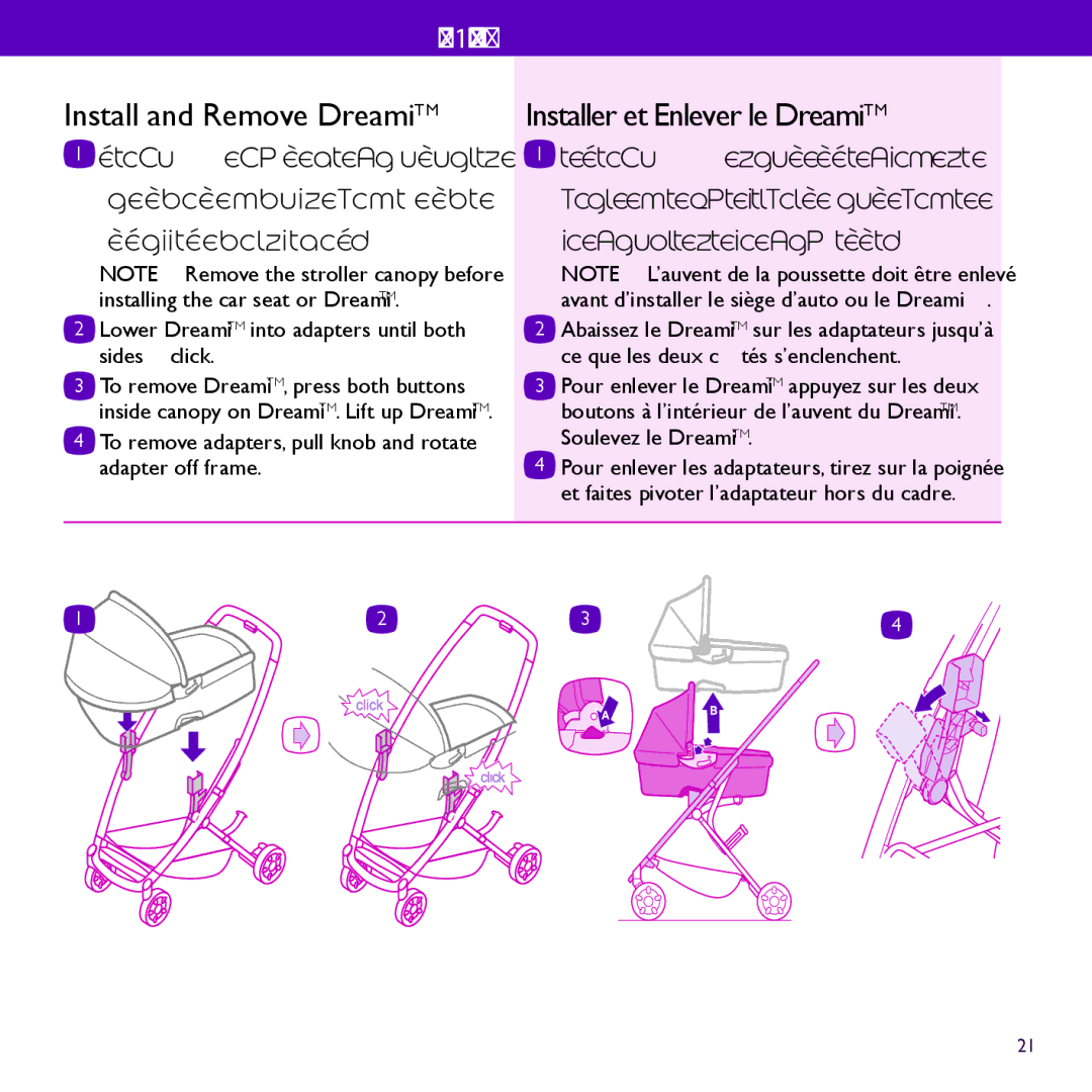 Quinny CV061 manual Installer et Enlever le DreamiTM, Lower DreamiTM into adapters until both sides click 