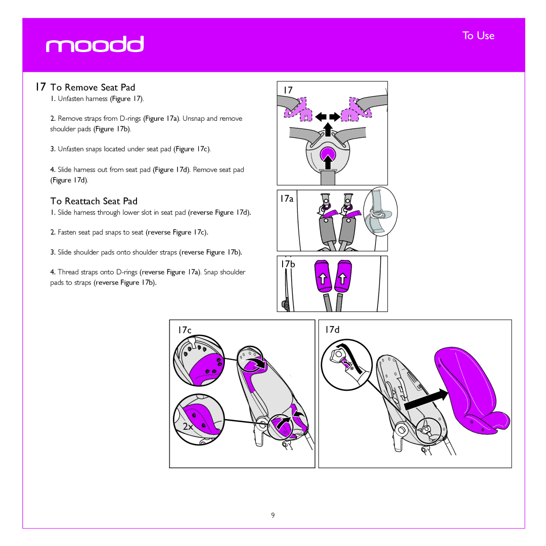 Quinny CV078 manual To Remove Seat Pad, To Reattach Seat Pad, 17b 17c 17d 