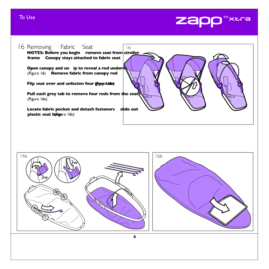 Quinny CV080 manual Removing Fabric Seat, 16a 16b 