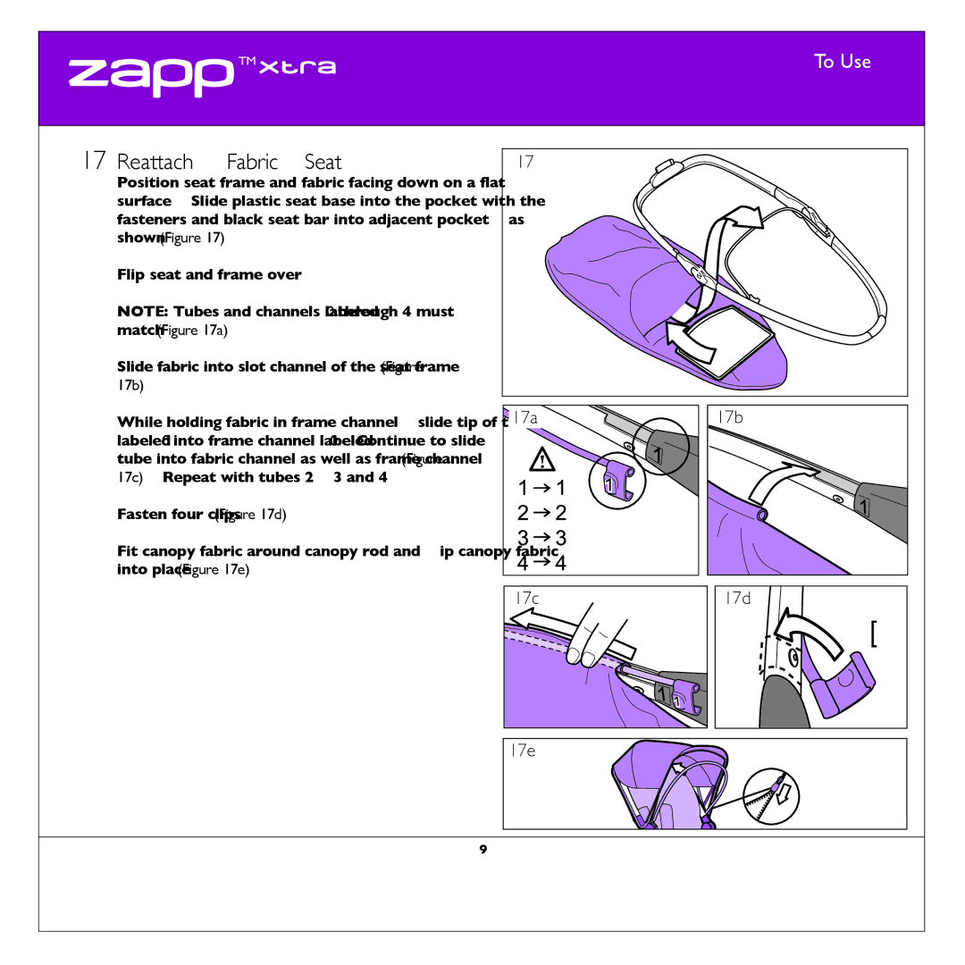 Quinny CV080 manual Reattach Fabric Seat, 17a 17c 17e 17b 17d 