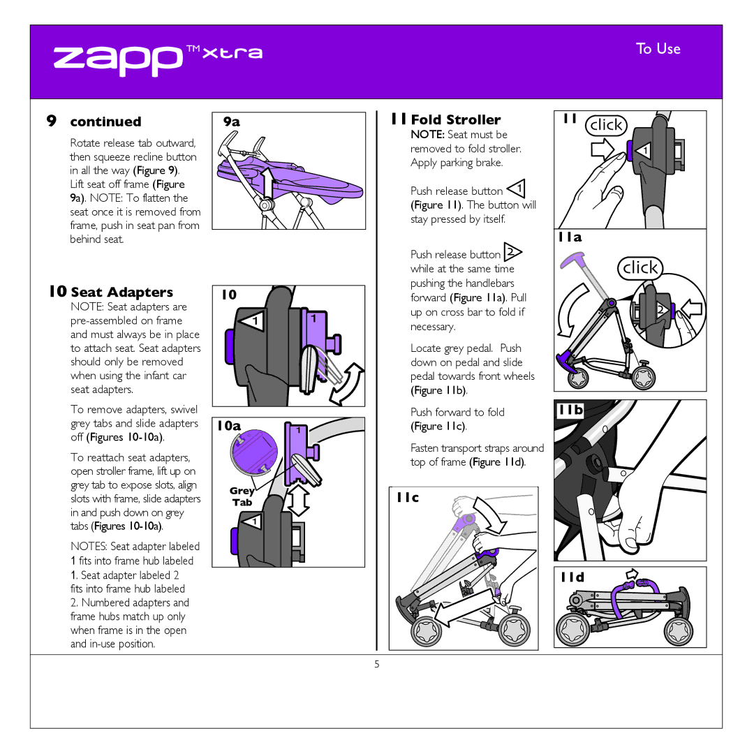 Quinny CV080 manual 11Fold Stroller, 11a, Seat Adapters, 10a, 11c, 11b, 11d 