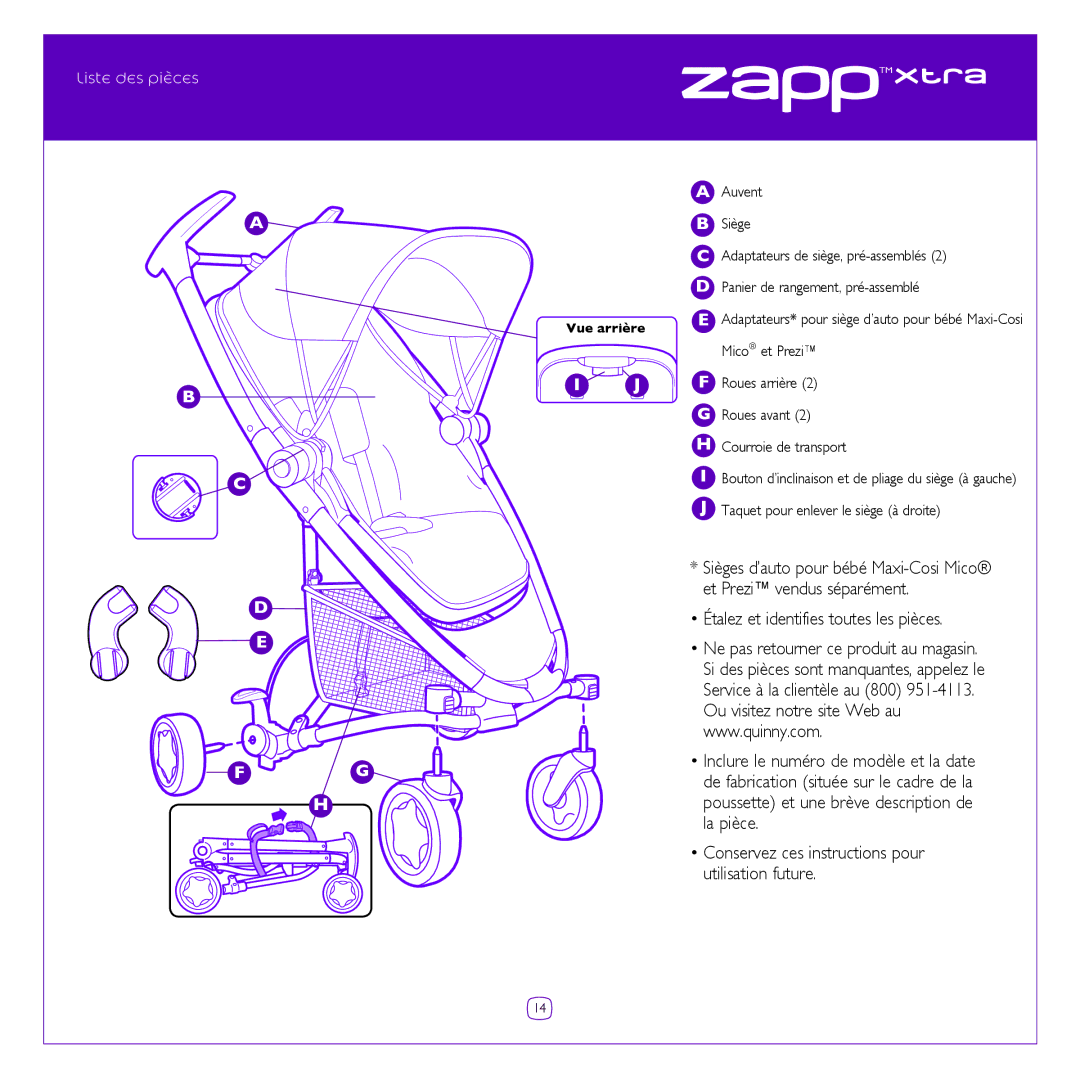 Quinny Cv217 manual Liste des pièces, Étalez et identifies toutes les pièces 