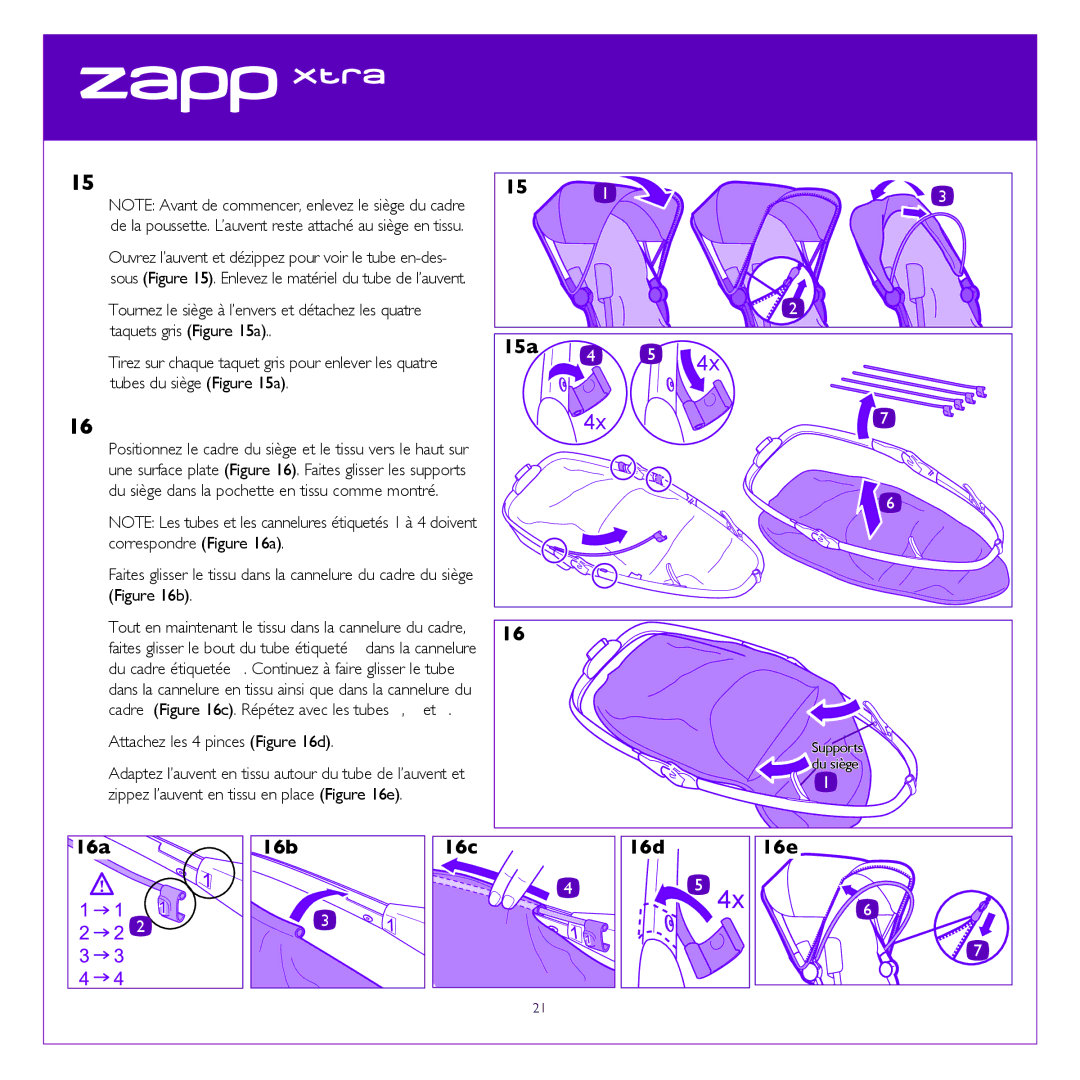 Quinny Cv217 manual Enlever le siège en tissue, Rattacher le siège en tissue, Attachez les 4 pinces d 