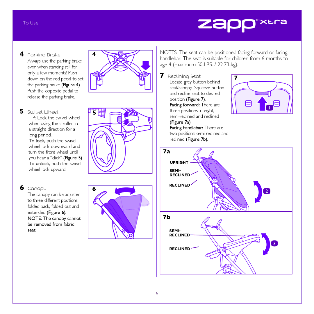 Quinny Cv217 manual To Use, Parking Brake, Swivel Wheel, Reclining Seat 