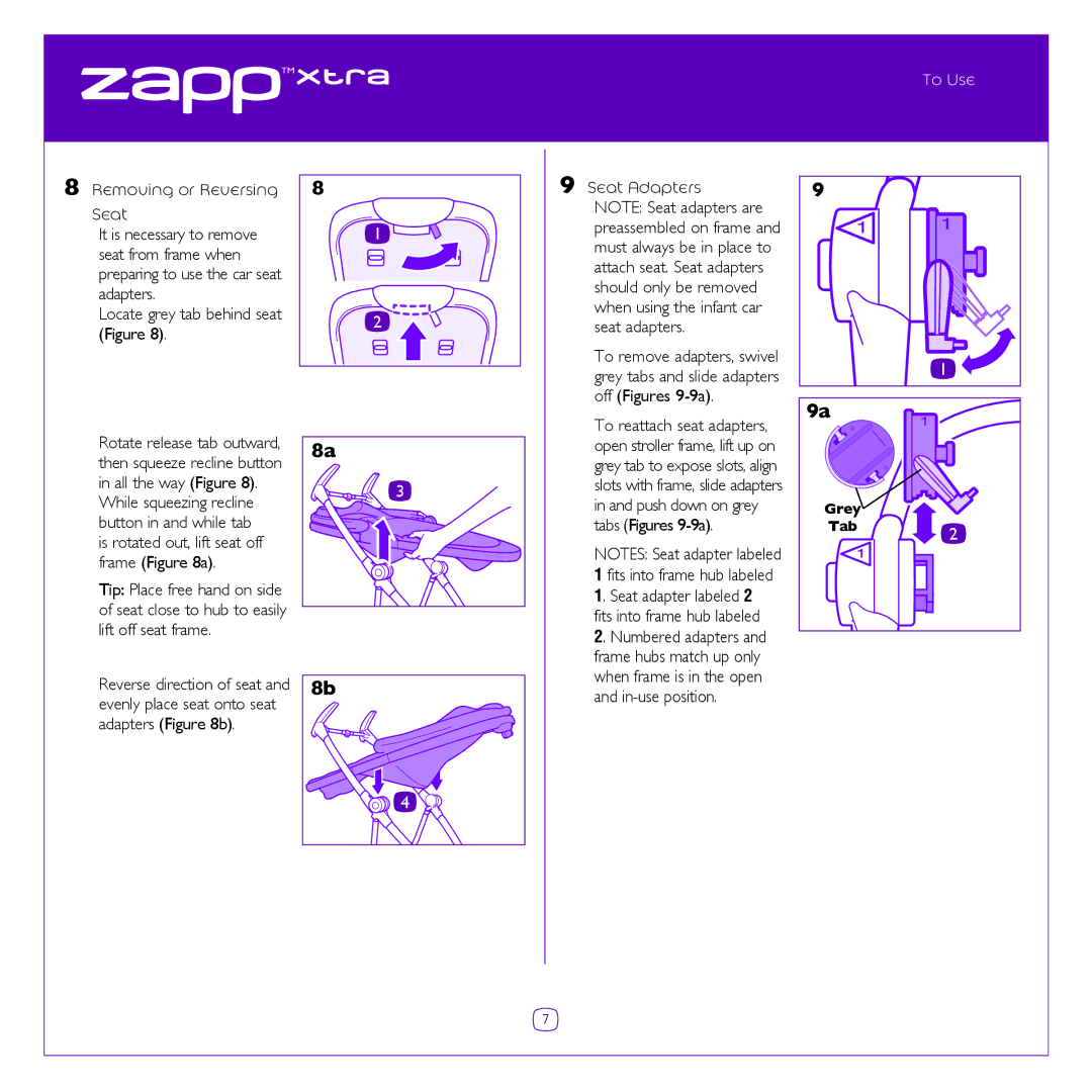 Quinny Cv217 manual Removing or Reversing Seat, Seat Adapters 