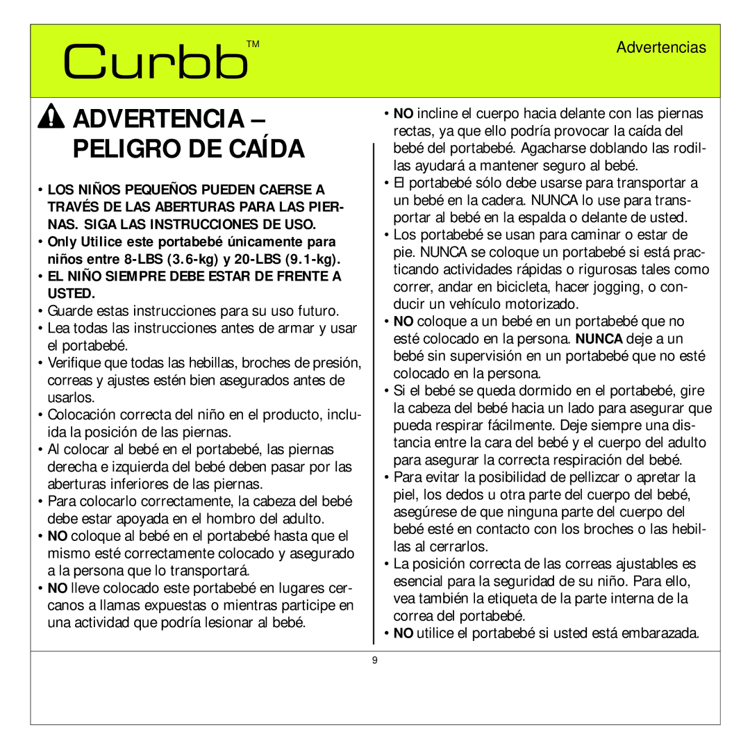 Quinny TM 06620 Curbb manual Advertencia Peligro DE Caída 