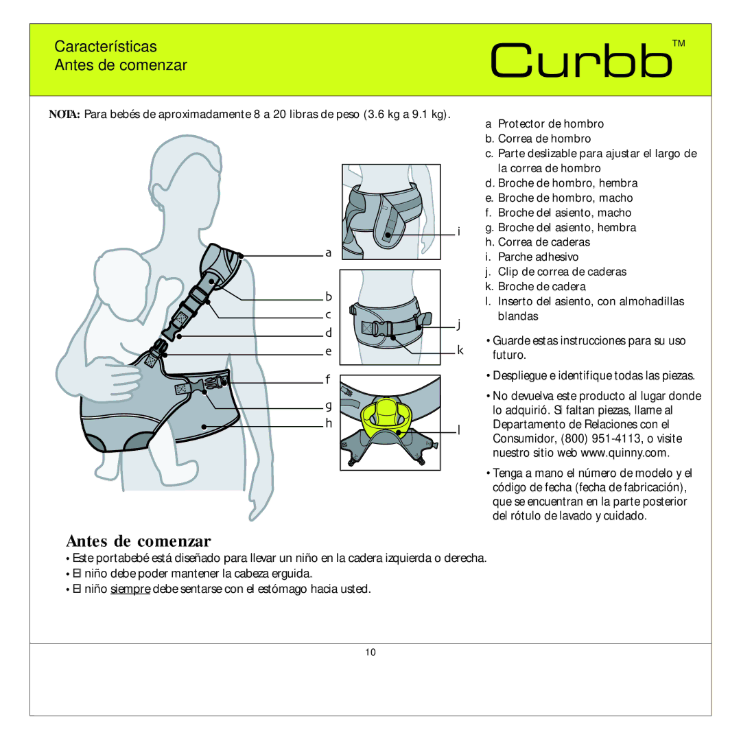 Quinny TM 06620 Curbb manual Características Antes de comenzar 