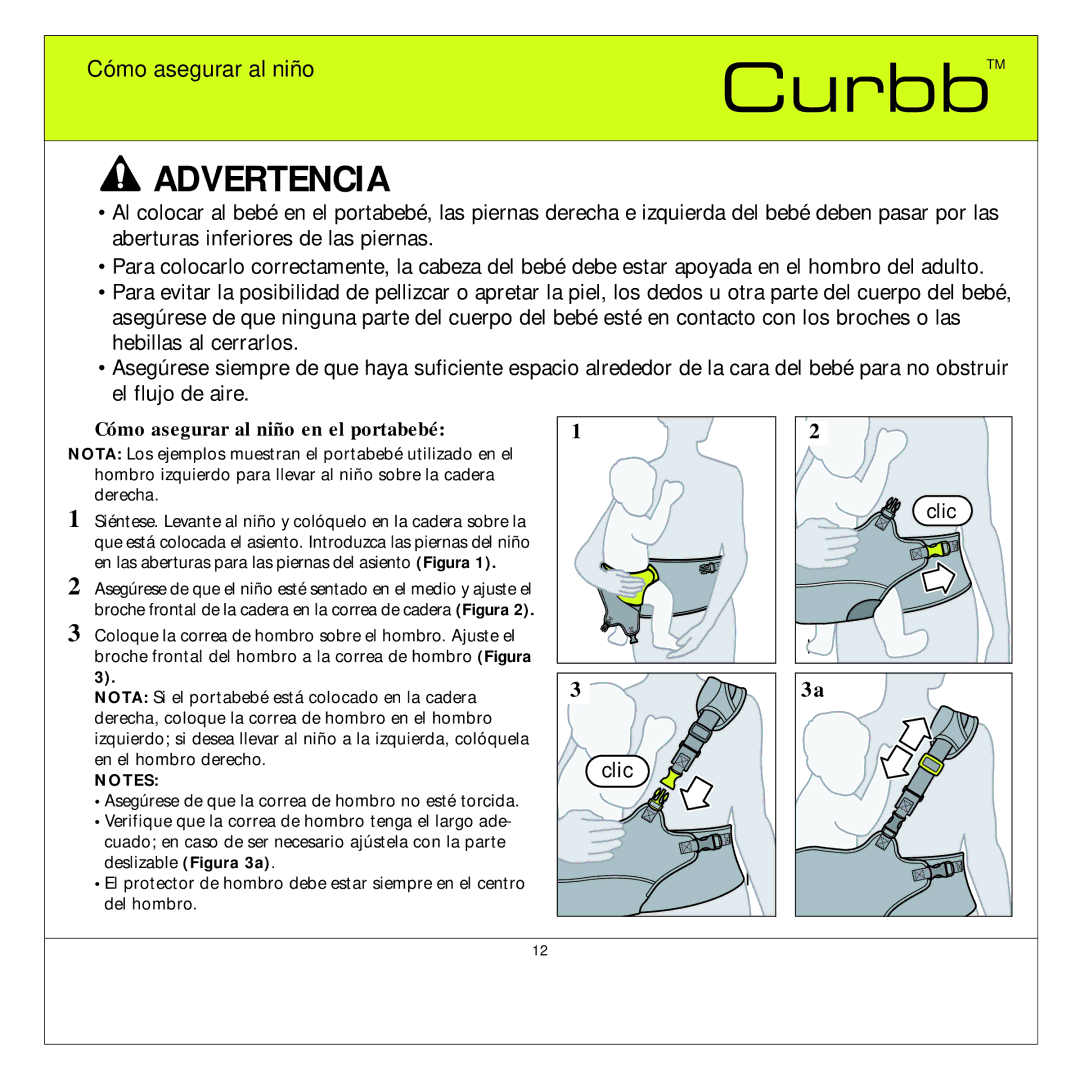 Quinny TM 06620 Curbb manual Advertencia, Cómo asegurar al niño en el portabebé 