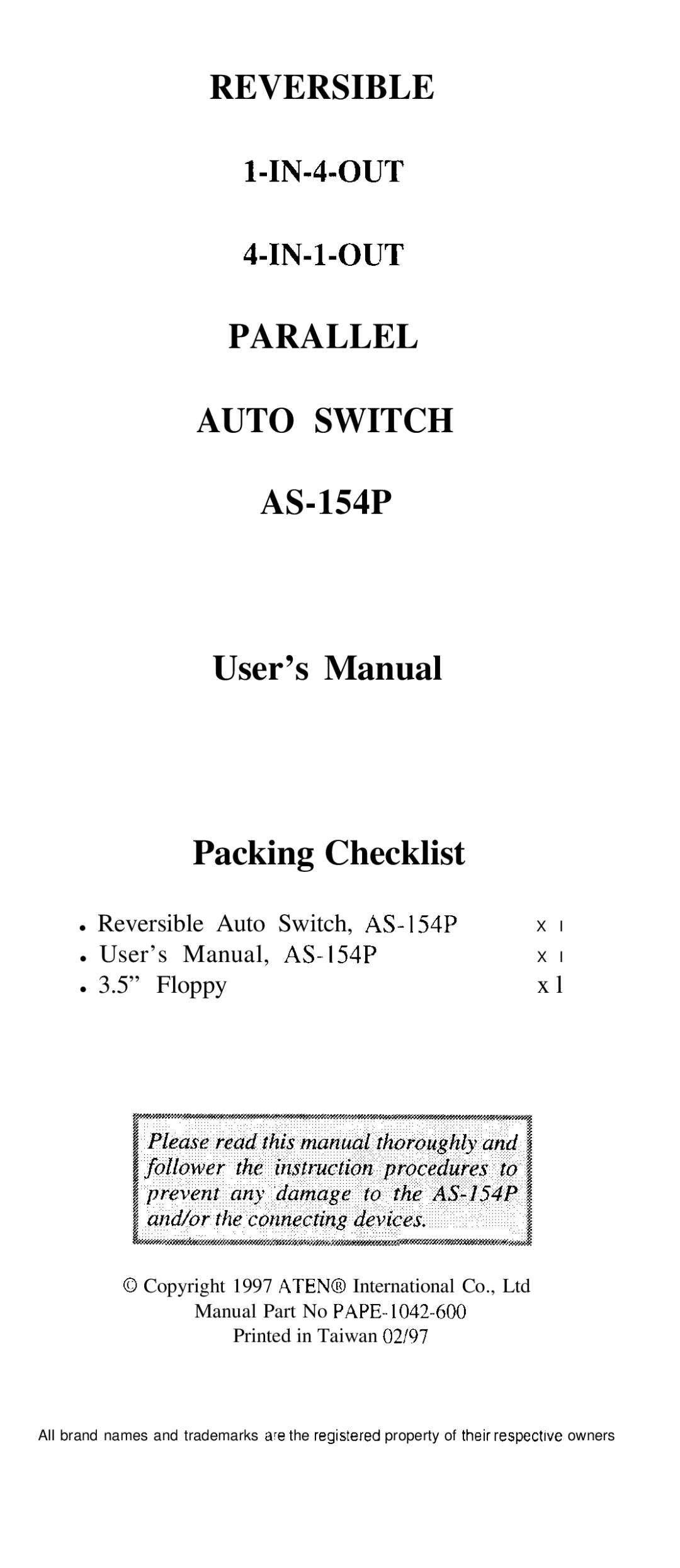 QVS user manual Parallel Auto Switch, AS-154P User’s Manual Packing Checklist 