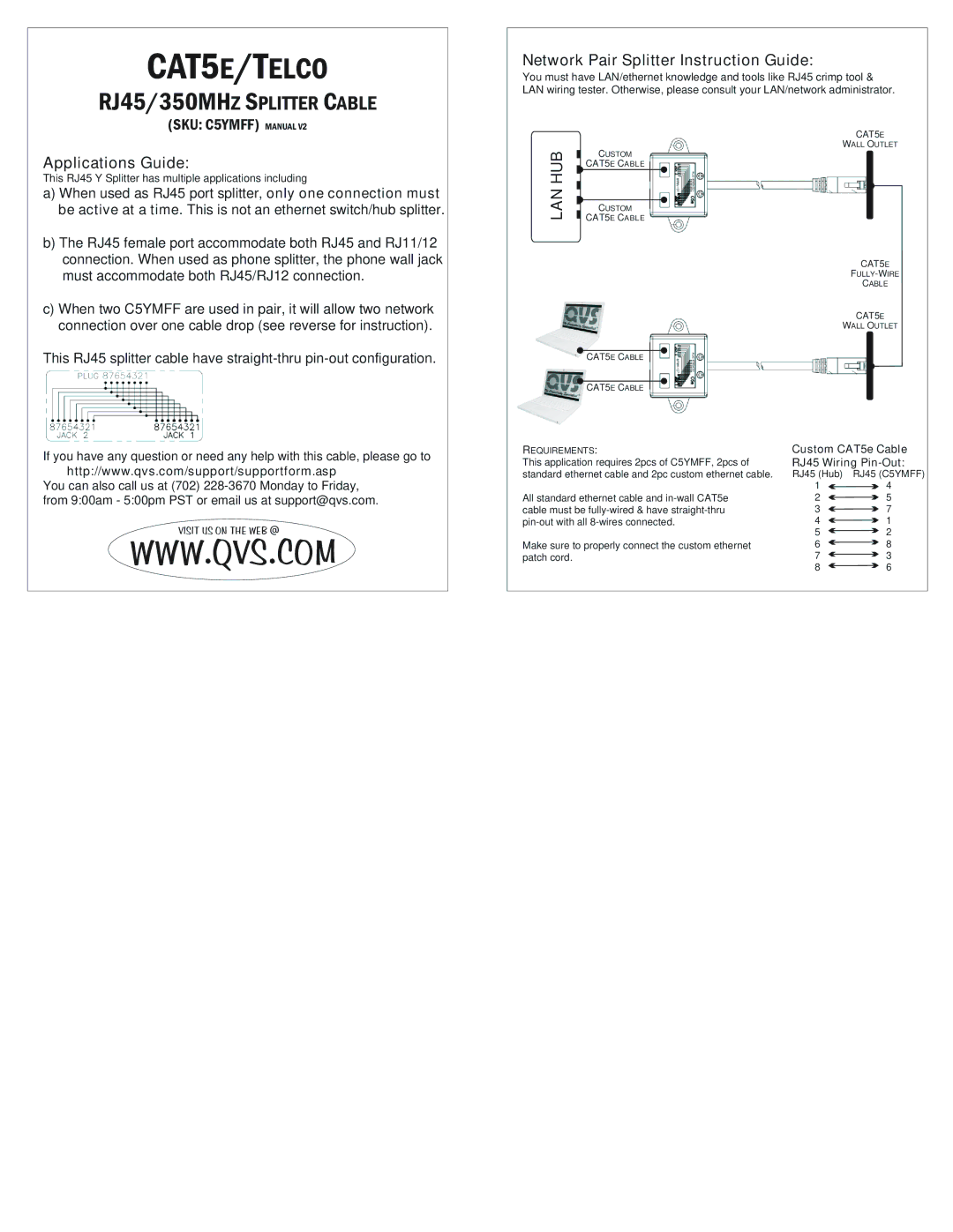 QVS C5YMFF manual CAT5E/TELCO, RJ45/350MHZ Splitter Cable, Applications Guide, Network Pair Splitter Instruction Guide 