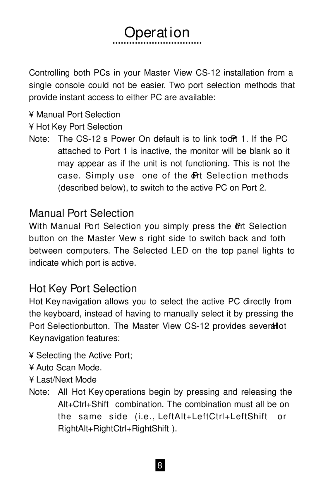 QVS CS12 manual Operation, Manual Port Selection, Hot Key Port Selection 