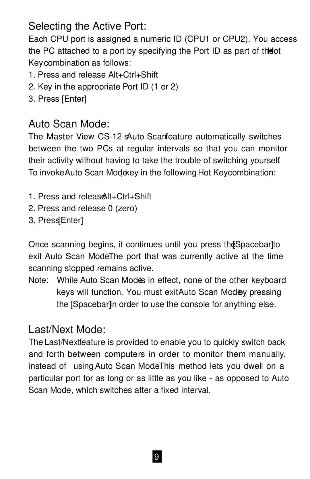 QVS CS12 manual Selecting the Active Port, Auto Scan Mode, Last/Next Mode 