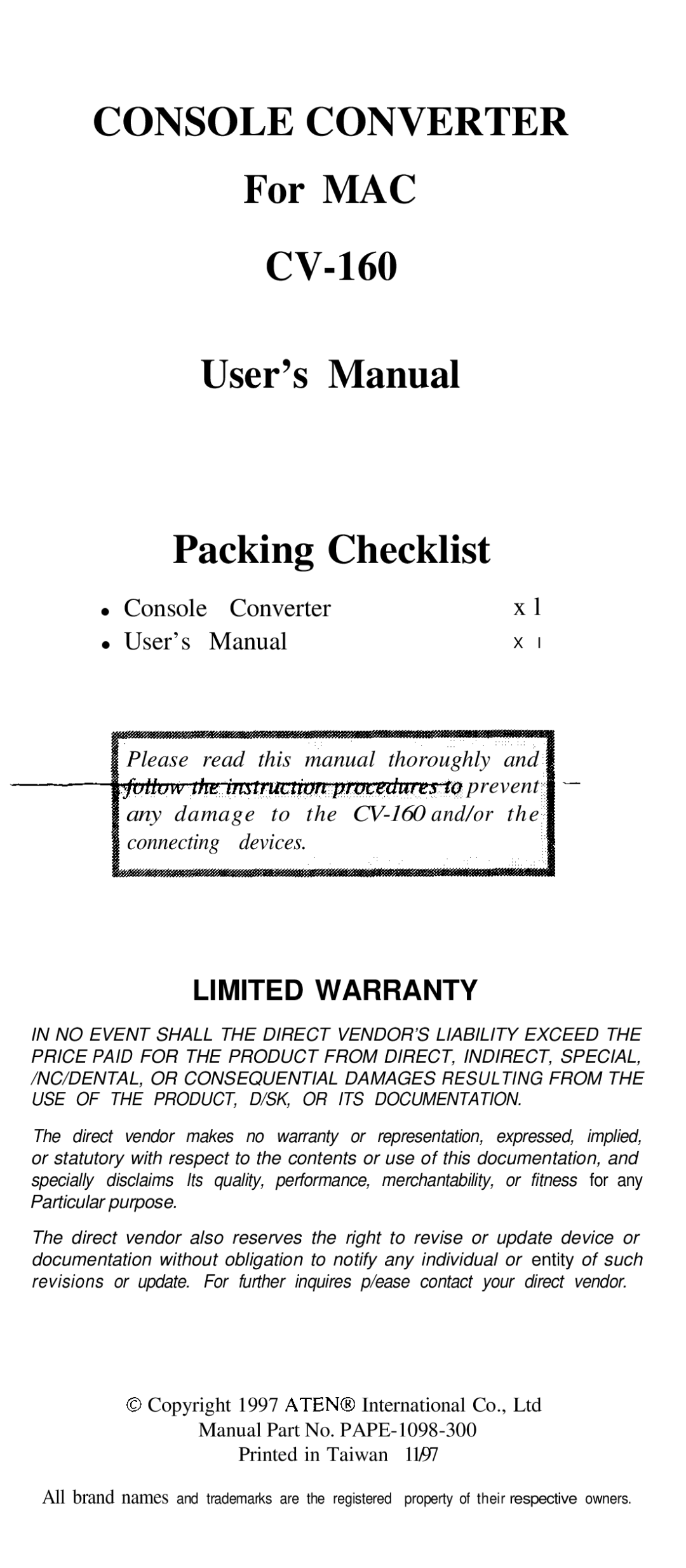 QVS CV-160 warranty Console Converter, Limited Warranty 