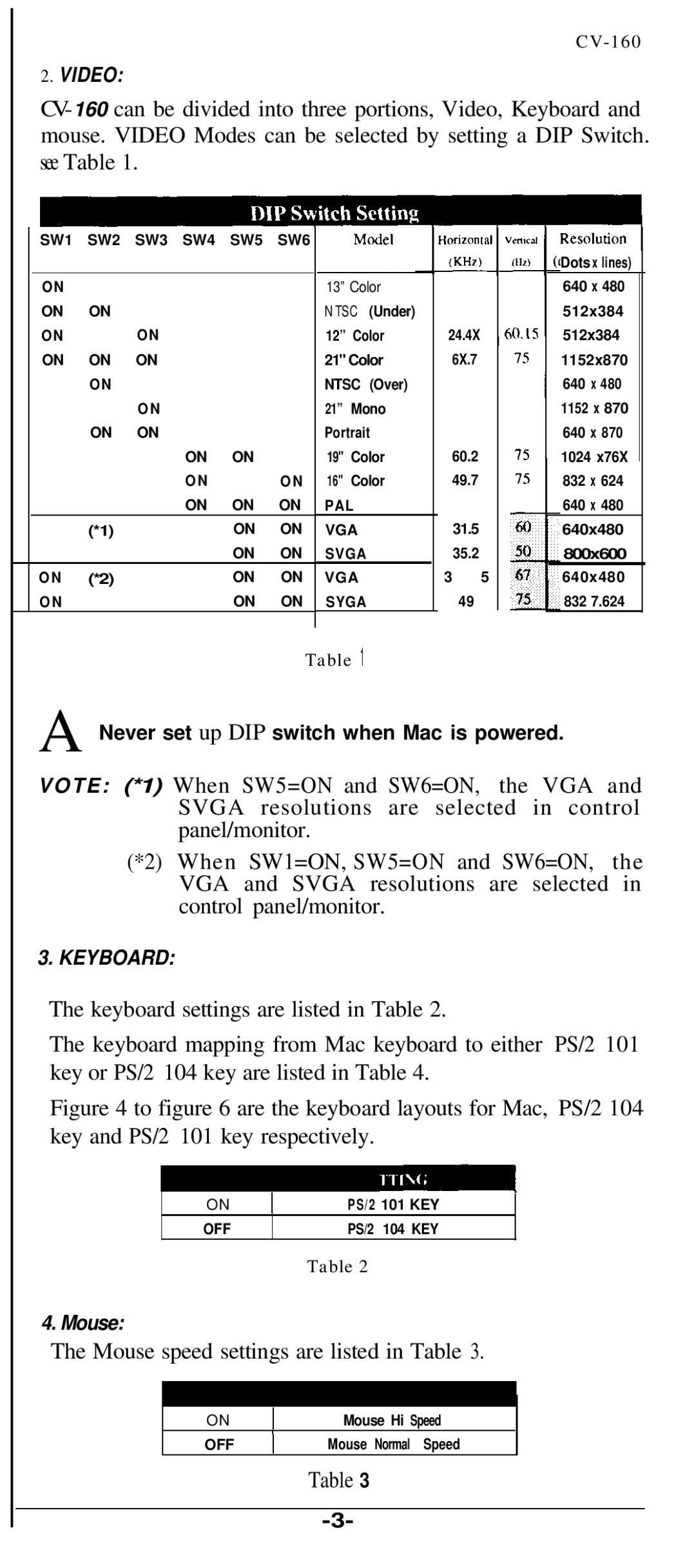 QVS CV-160 warranty Mouse speed settings are listed in Table 