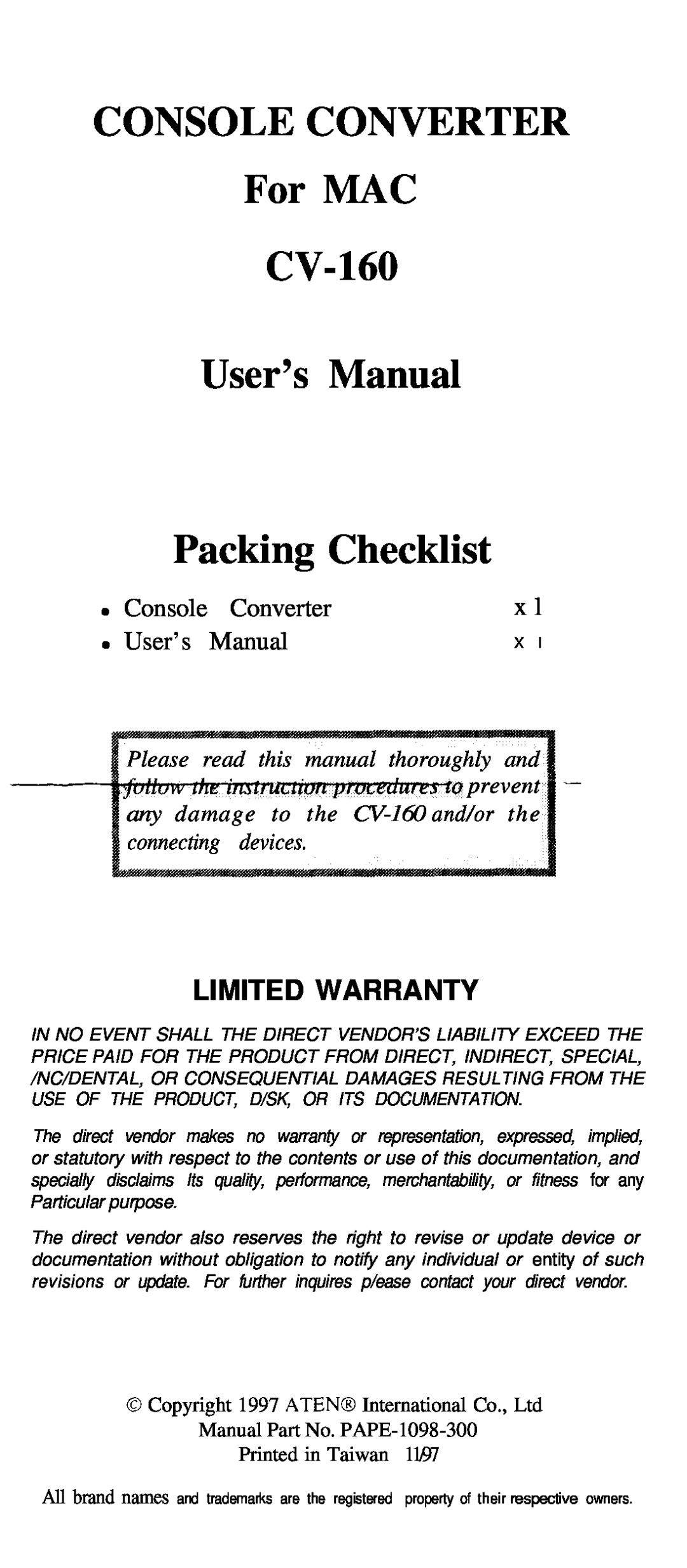 QVS warranty Limited Warranty, CONSOLE CONVERTER For MAC CV-160 User’s Manual Packing Checklist, Console, Converter 
