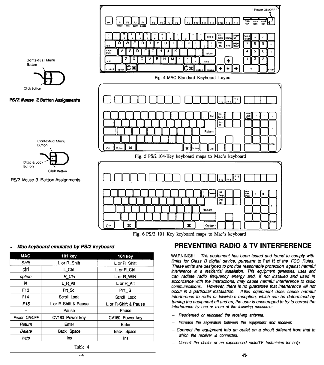QVS CV-160 warranty Preventing Radio & Tv Interference, ctrl, PS/2 104-Key keyboard maps to Mac’s keyboard 