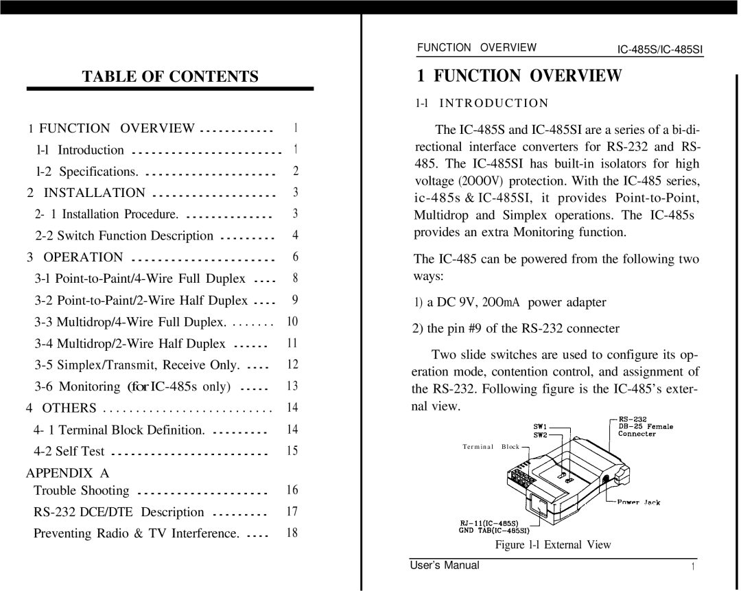 QVS IC-485SI user manual Function Overview, Table of Contents 