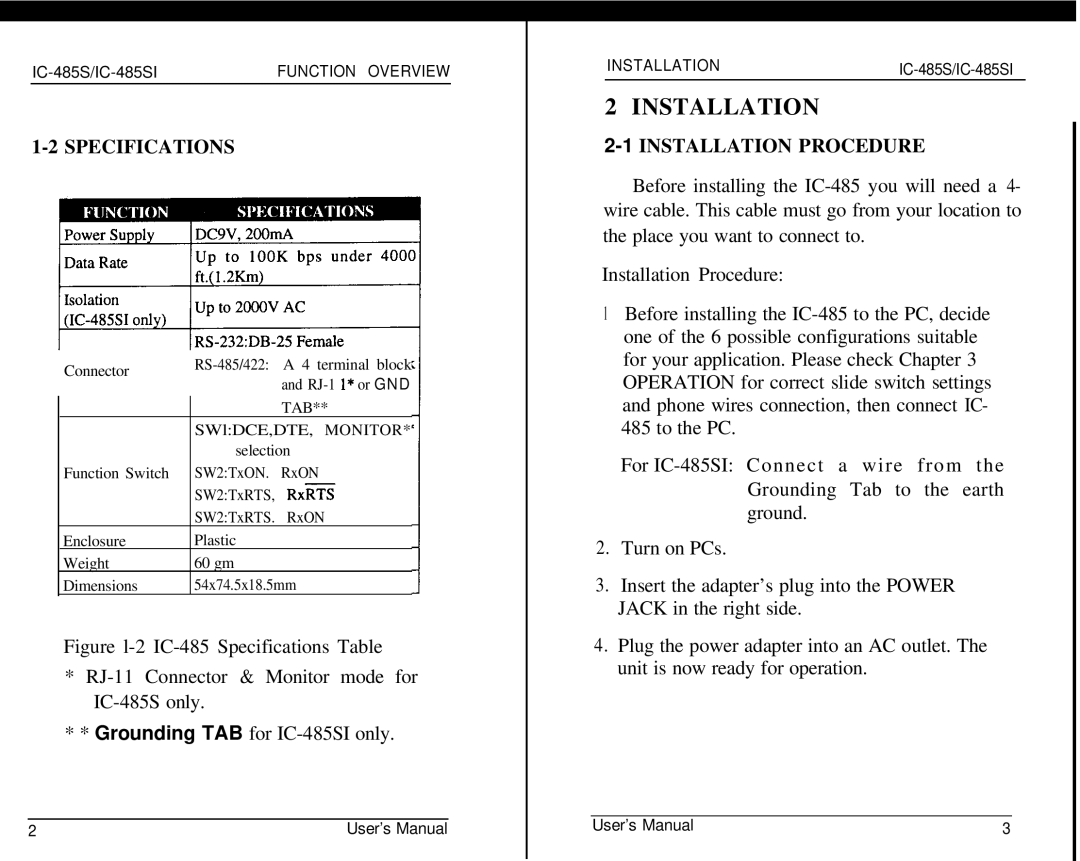 QVS IC-485SI user manual Installation, Specifications 