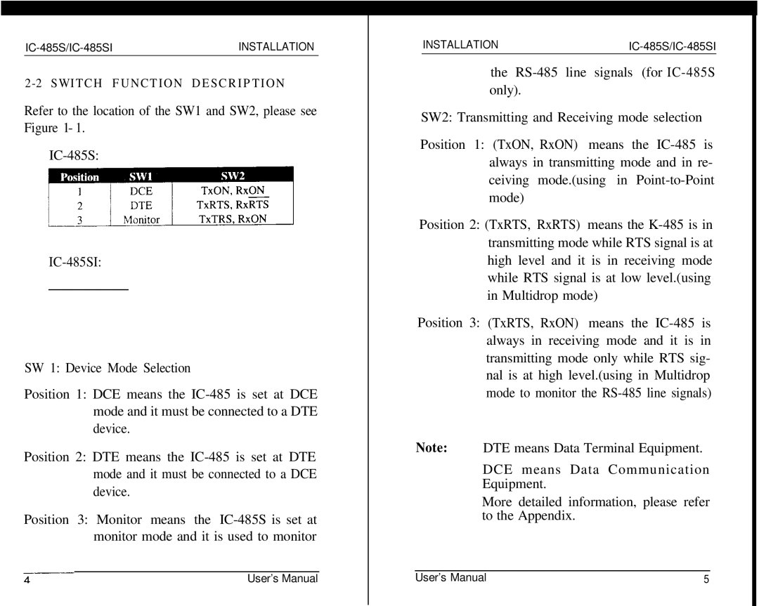 QVS IC-485SI user manual Switch Function Description 