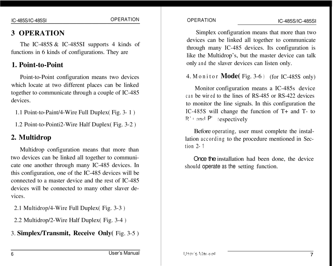 QVS IC-485SI user manual Operation, Point-to-Point 