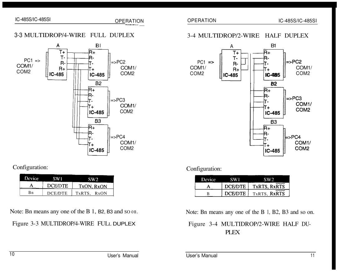 QVS IC-485SI user manual 3MULTIDROP/4-WIRE Full Duplex, MULTIDROP/2-WIRE Half Duplex 