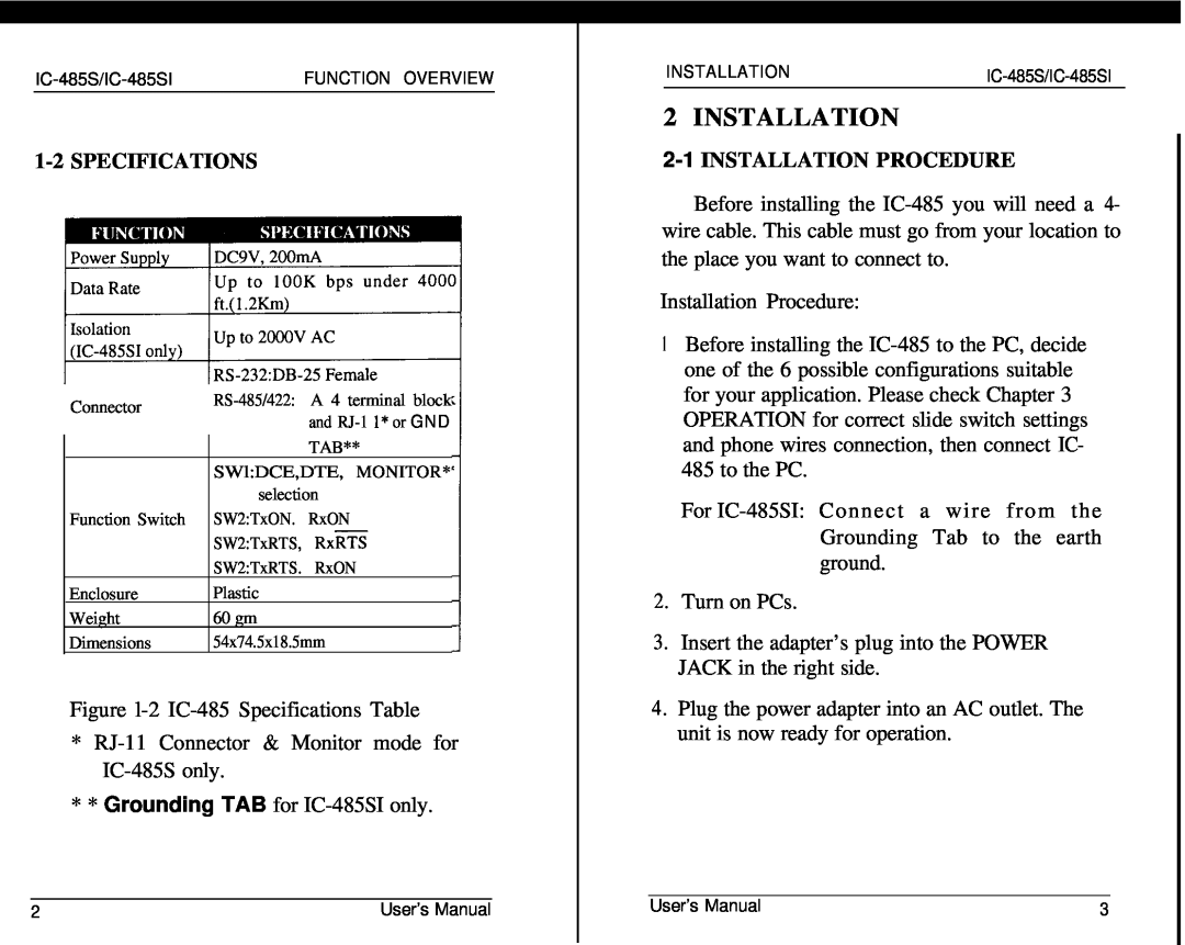 QVS IC-485SI user manual Specifications, Installation Procedure 