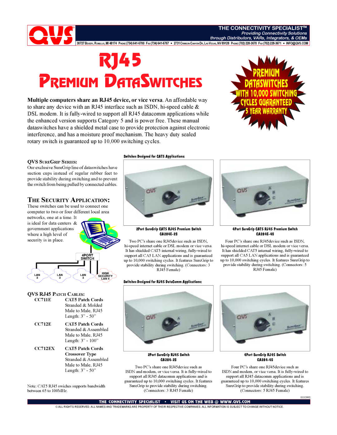 QVS manual Switches Designed for CAT5 Applications, CA284E-2S, 2Port SureGrip RJ45 Switch CA284-2S 