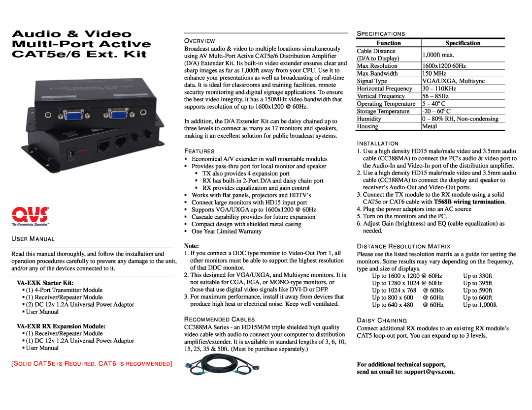 QVS user manual Audio & Video Multi-Port Active CAT5e/6 Ext. Kit, VA-EXK Starter Kit, VA-EXR RX Expansion Module 