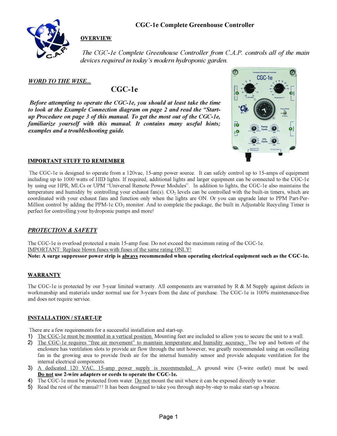 R & M Int'l CGC-1e warranty Overview, Important Stuff to Remember, Warranty, Installation / START-UP 