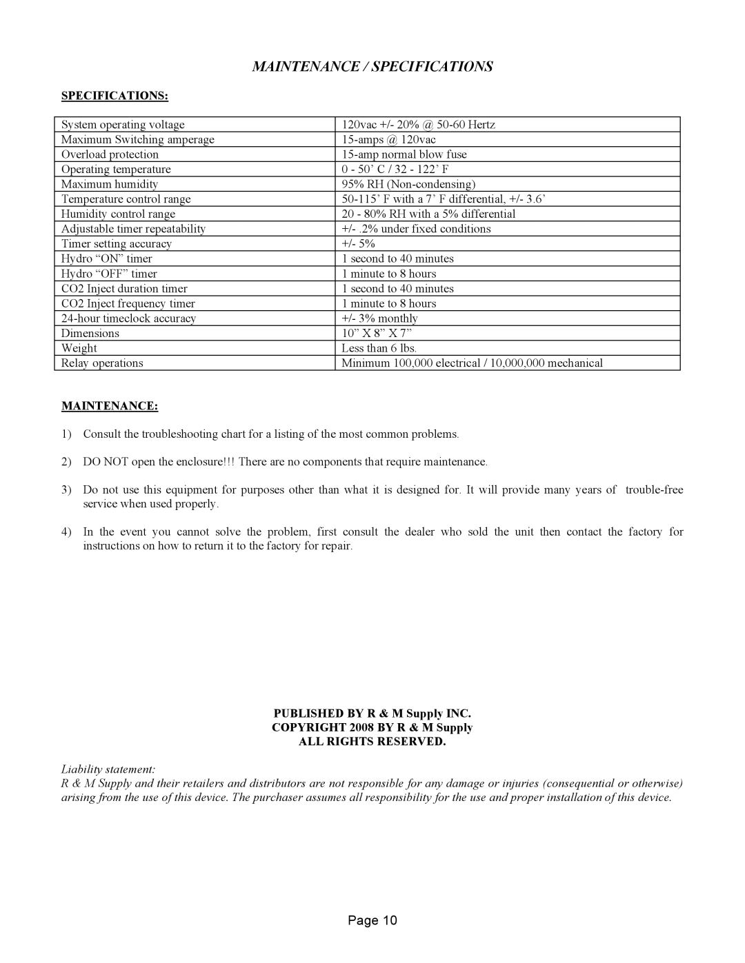 R & M Int'l CGC-1e warranty Maintenance / Specifications, ALL Rights Reserved 