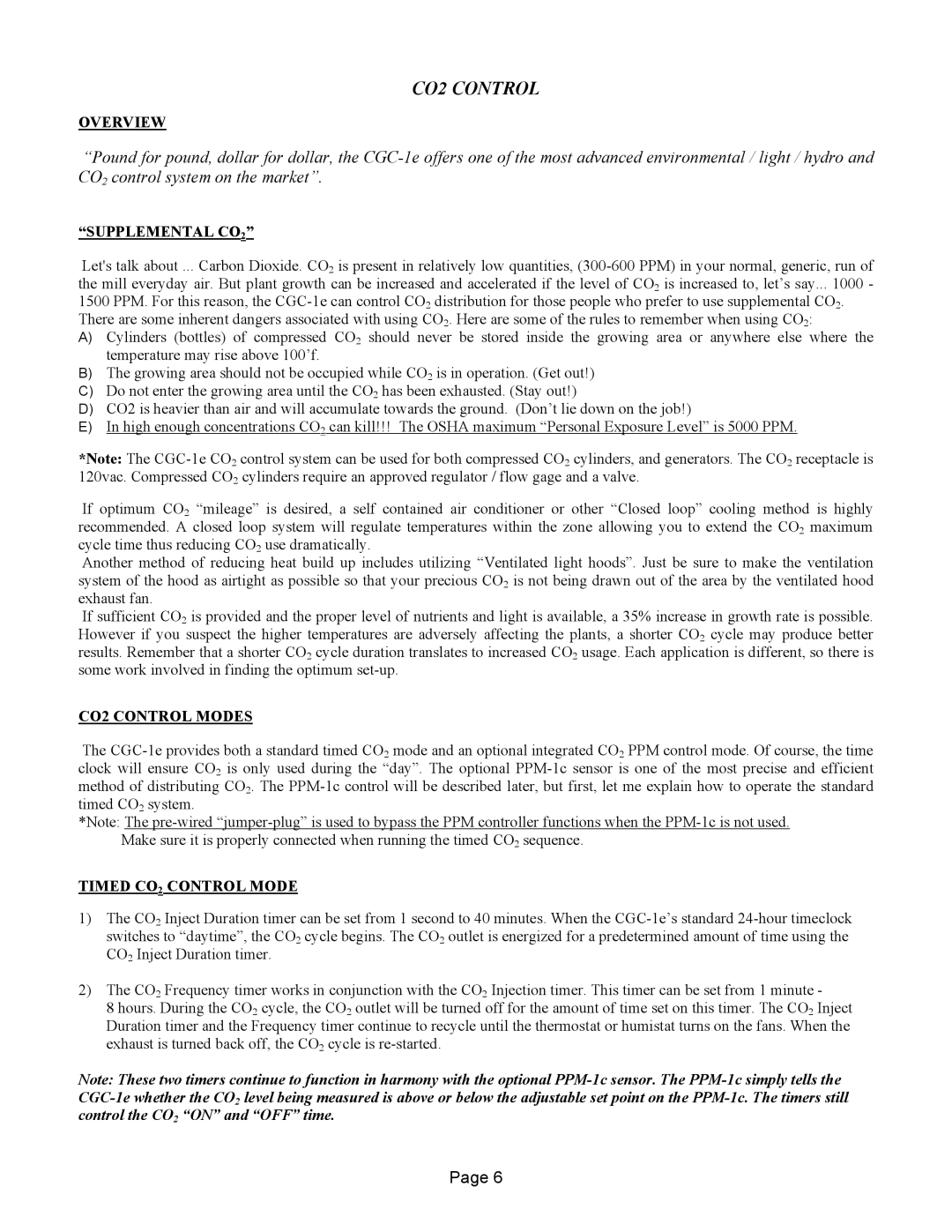 R & M Int'l CGC-1e warranty Supplemental CO2, CO2 Control Modes, Timed CO2 Control Mode 