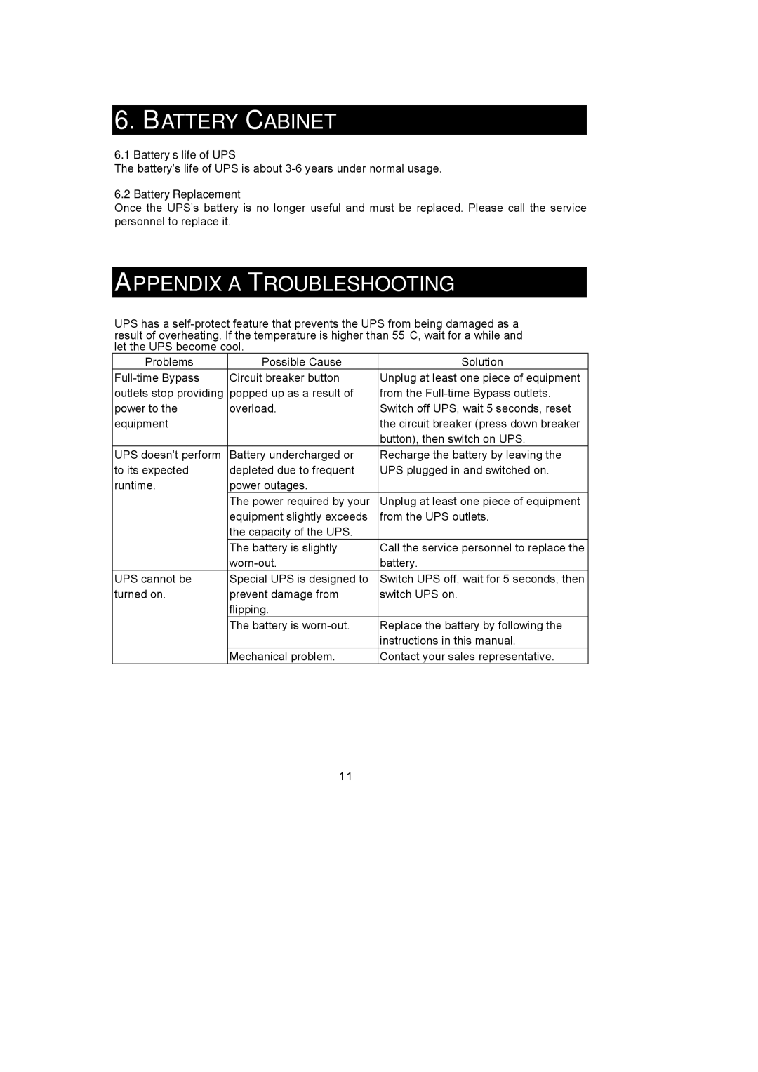 Rackmount Solutions 600VA, 1200VA Battery Cabinet, Appendix a Troubleshooting, Battery’s life of UPS, Battery Replacement 