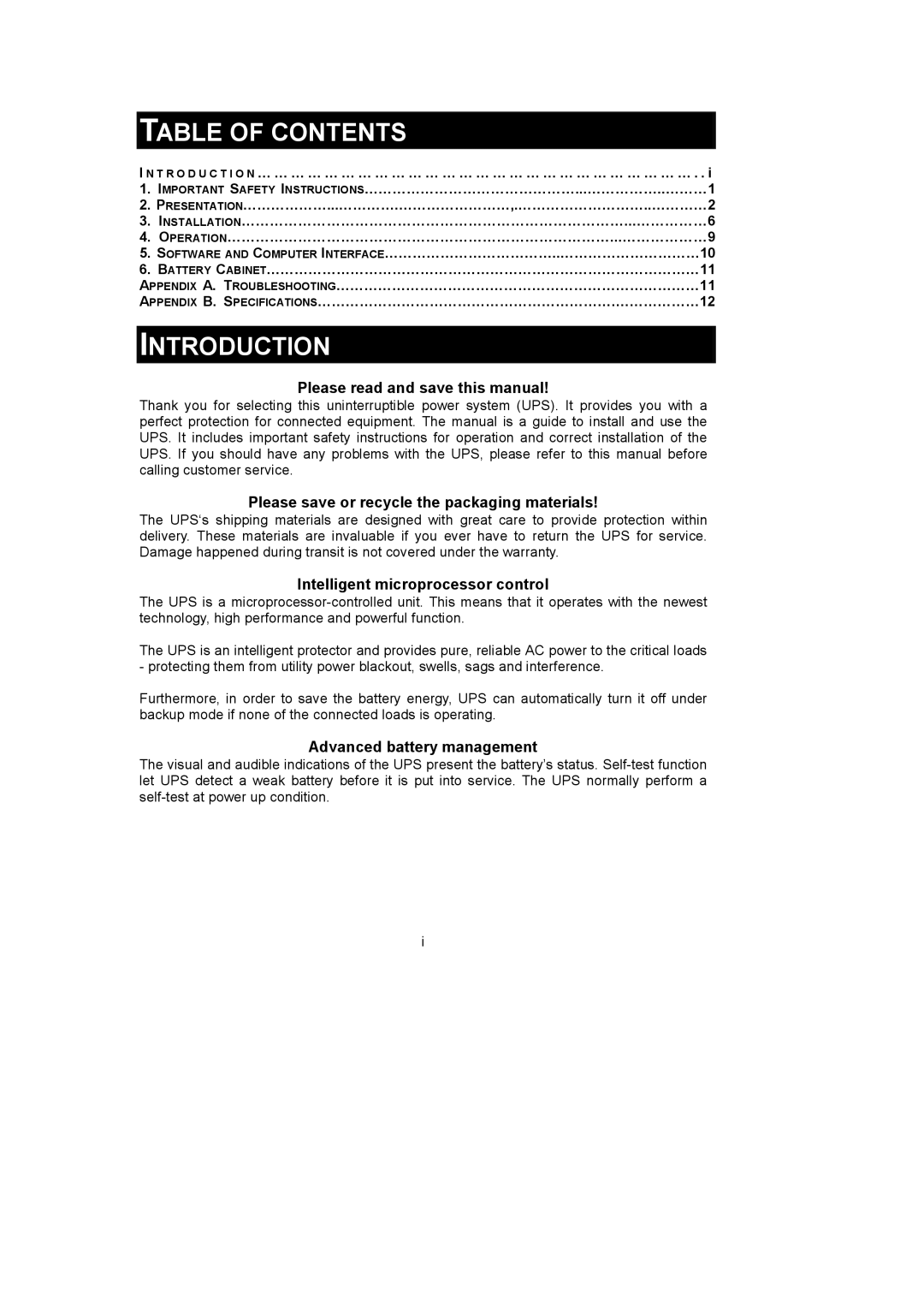 Rackmount Solutions 3000VA, 1200VA, 600VA, 1500VA, 1000VA, 2200VA user manual Table of Contents, Introduction 