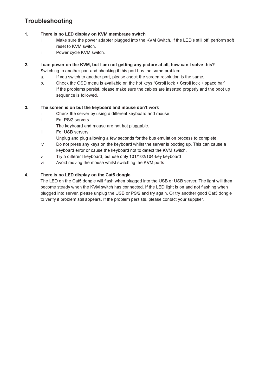 Rackmount Solutions CV-802, CV-1602 user manual Troubleshooting, There is no LED display on KVM membrane switch 