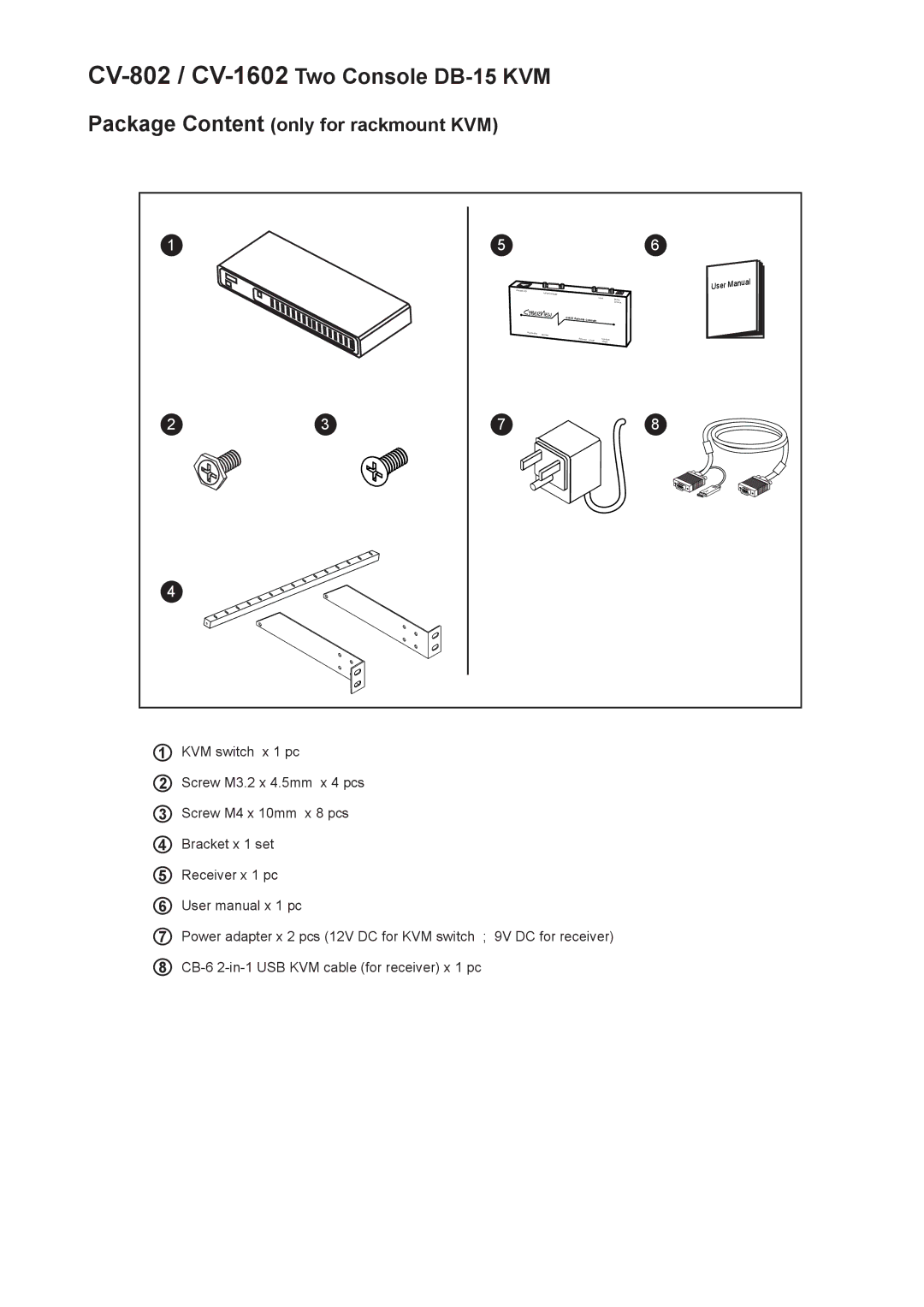 Rackmount Solutions user manual CV-802 /CV-1602Two Console DB-15 KVM, Package Content only for rackmount KVM 