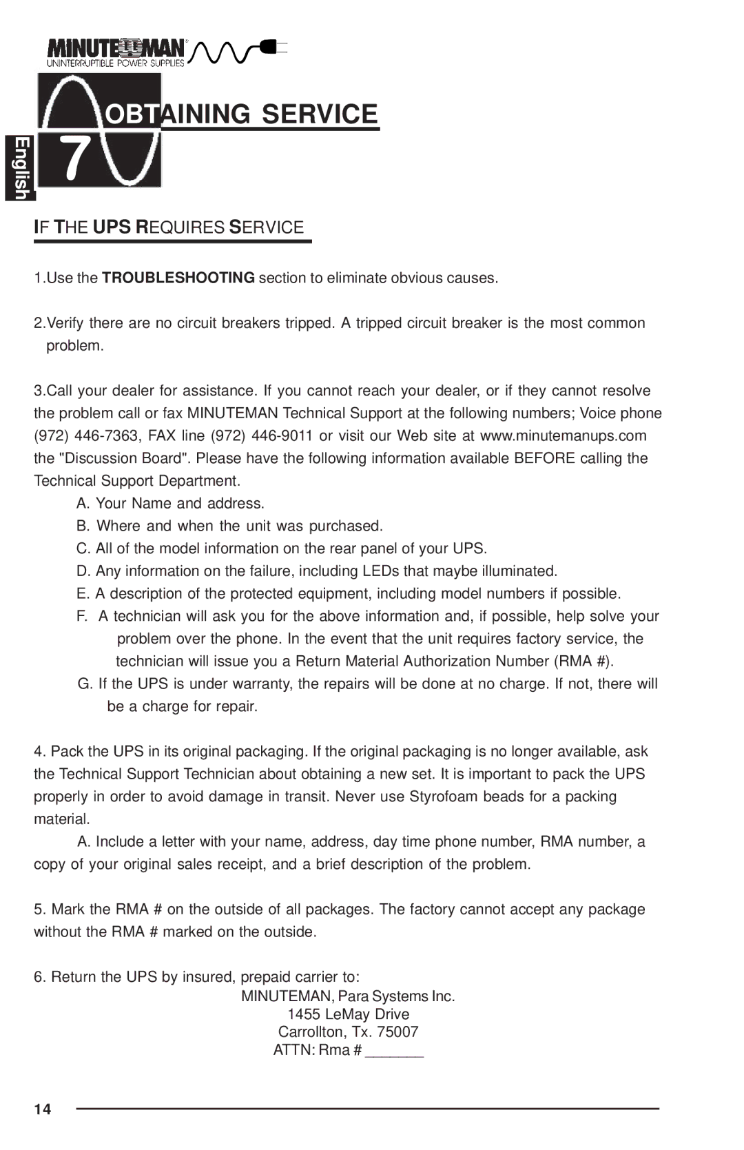 Rackmount Solutions Enterprise Series manual Obtaining Service, If the UPS Requires Service 