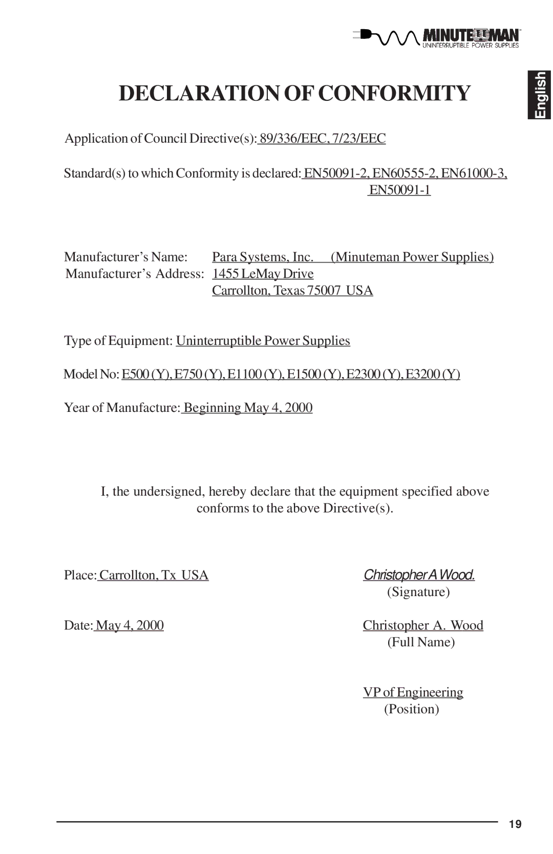 Rackmount Solutions Enterprise Series manual Declaration of Conformity 