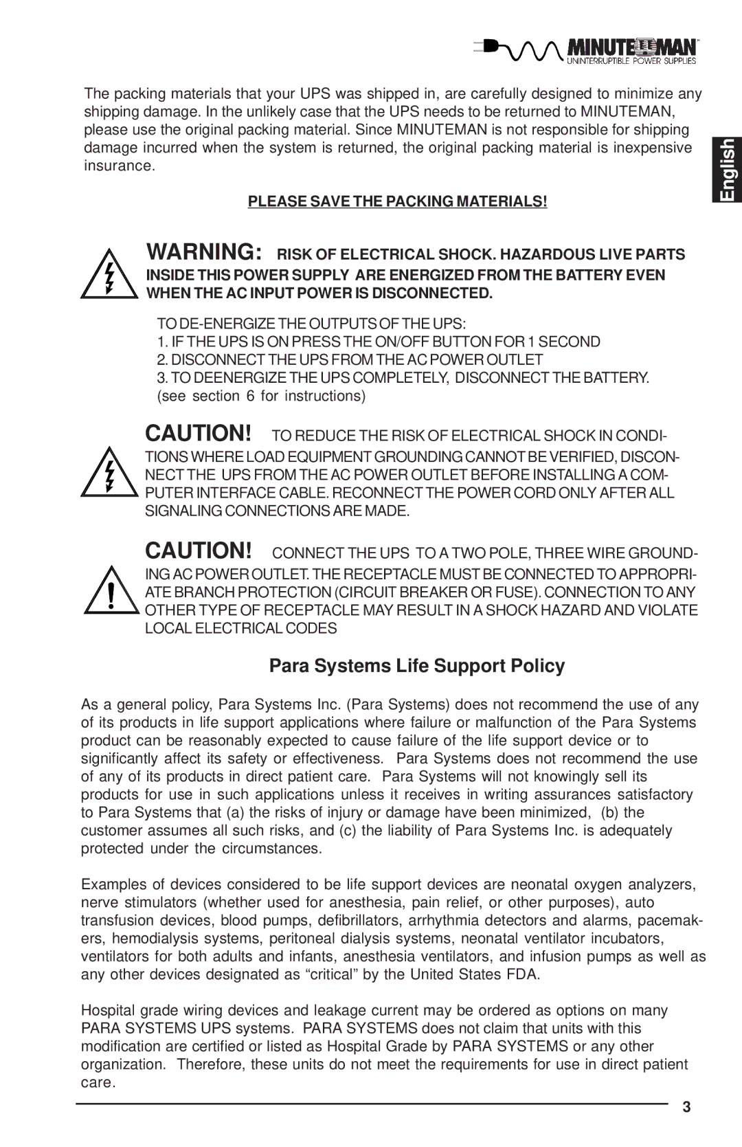 Rackmount Solutions Enterprise Series manual Para Systems Life Support Policy 