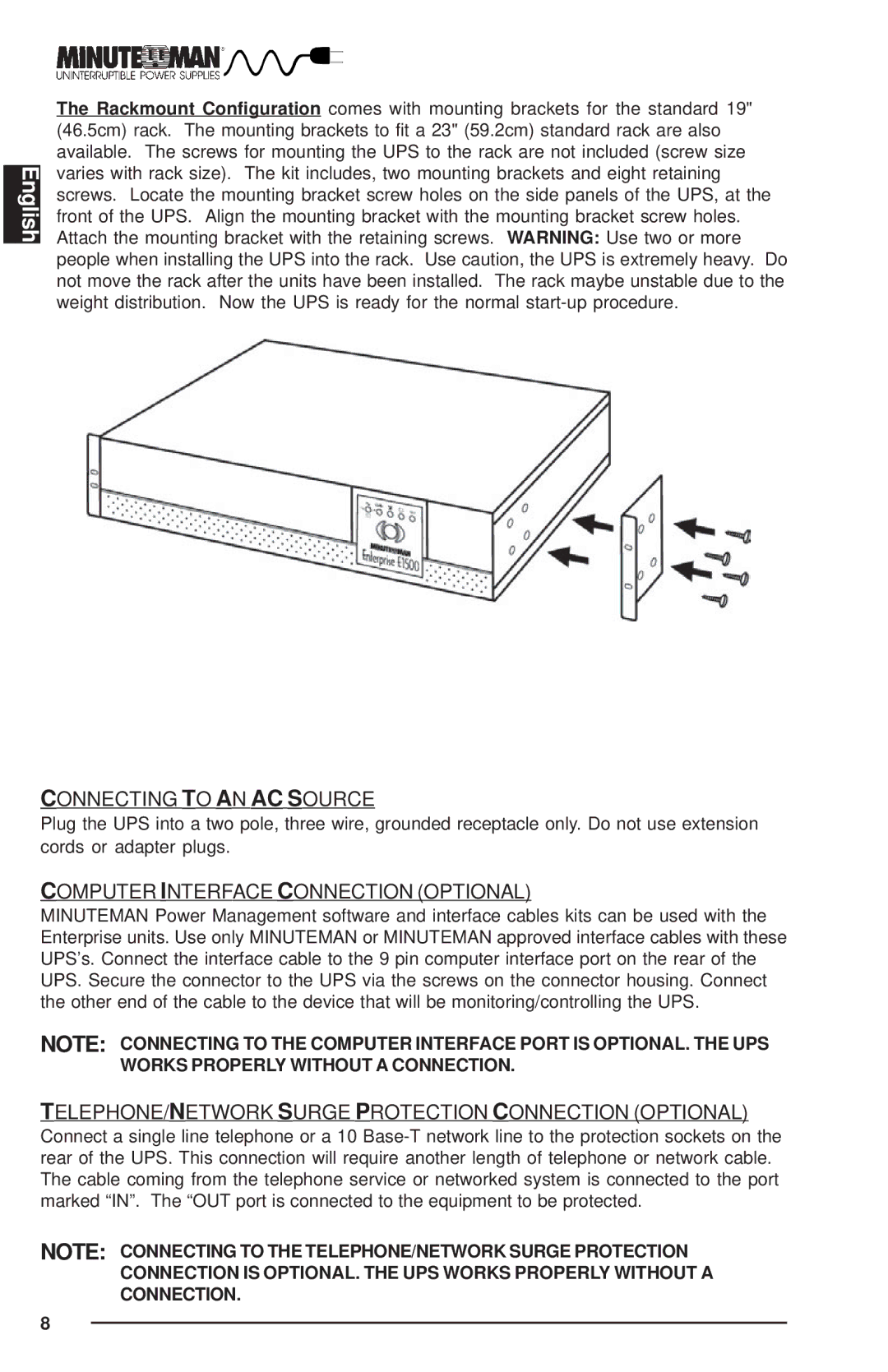 Rackmount Solutions Enterprise Series manual Connecting to AN AC Source, Computer Interface Connection Optional 