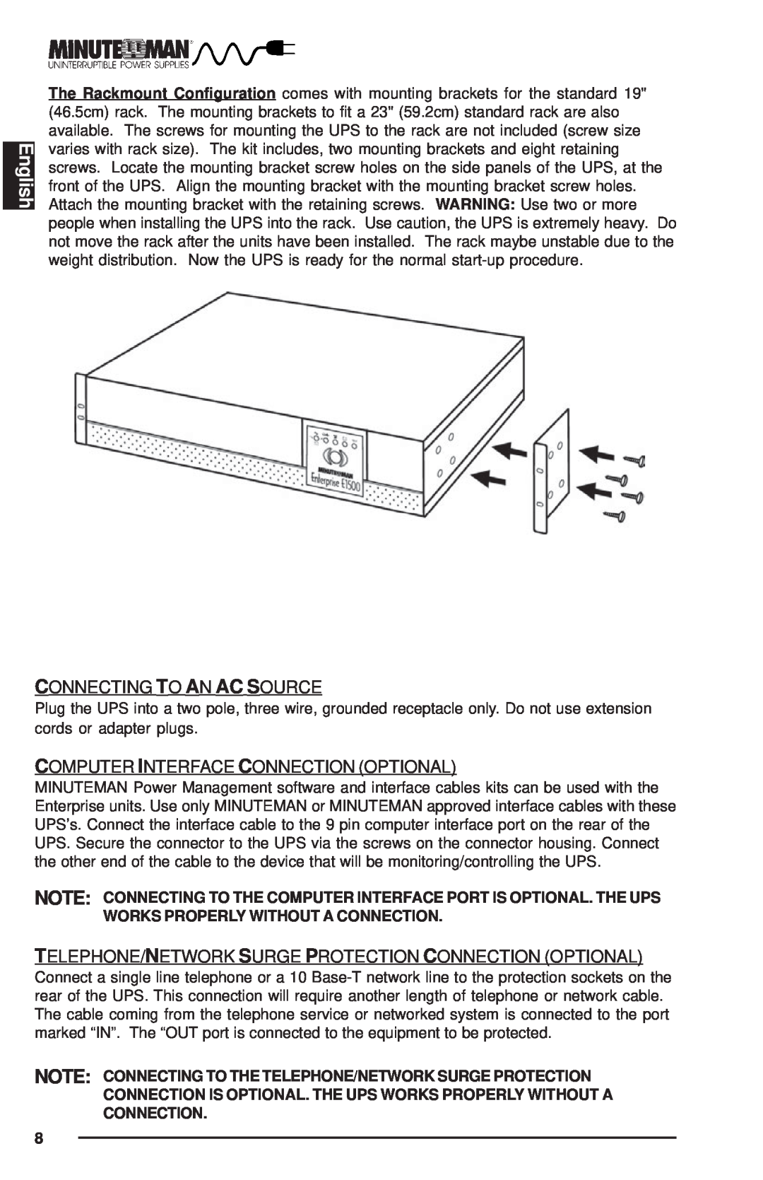 Rackmount Solutions Enterprise Series manual English, Connecting To An Ac Source, Computer Interface Connection Optional 