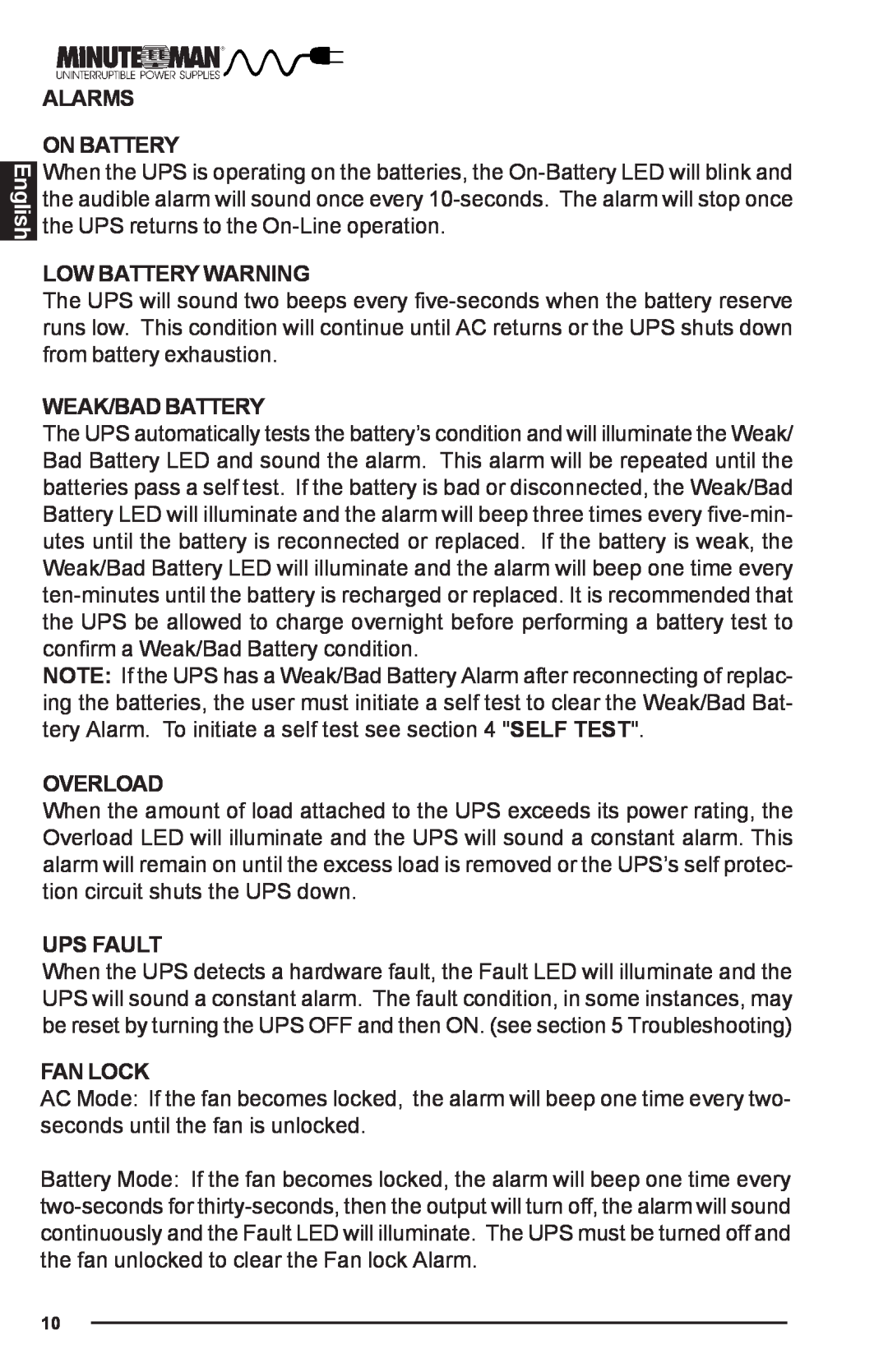 Rackmount Solutions PRO700E manual English, Alarms On Battery, Low Battery Warning, Weak/Bad Battery, Overload, Ups Fault 