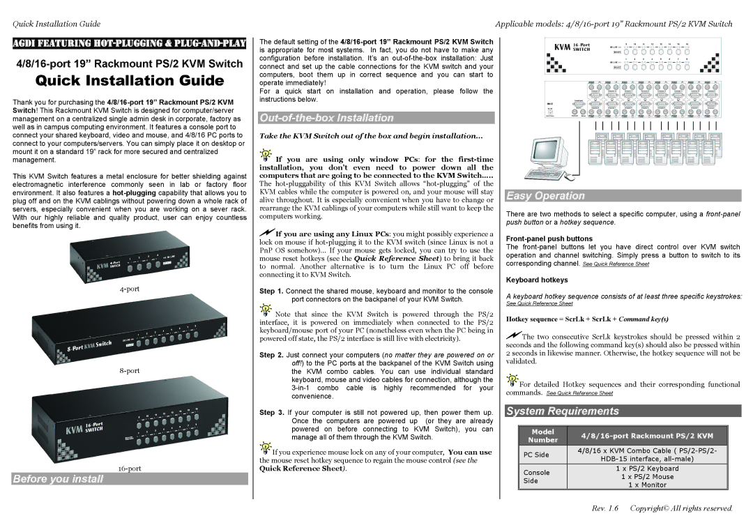 Rackmount Solutions PS/2 quick start Out-of-the-box Installation, Easy Operation, System Requirements, Before you install 