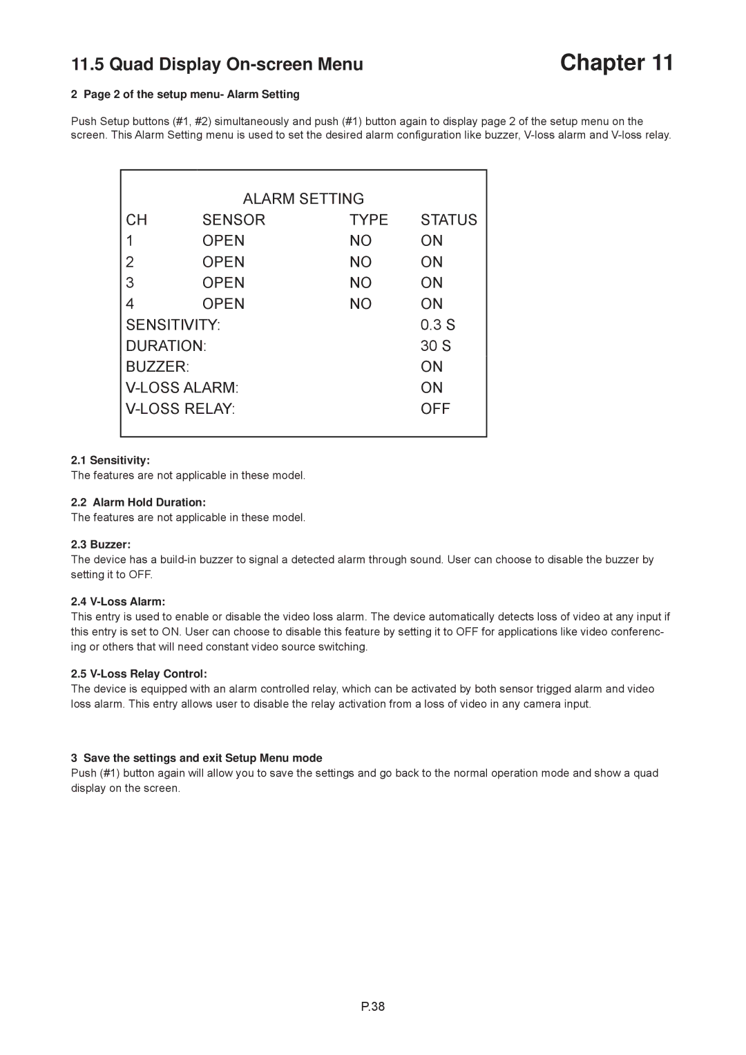 Rackmount Solutions RP-117QD manual of the setup menu- Alarm Setting, Sensitivity, Alarm Hold Duration, Buzzer, Loss Alarm 