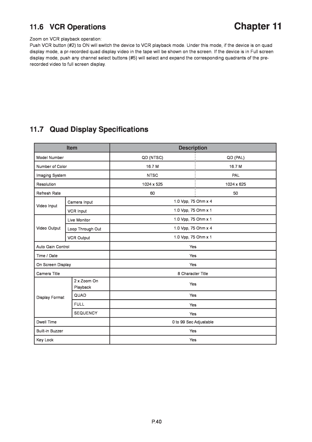 Rackmount Solutions RP-1020QD, RP-W819QD, RP-817QD VCR Operations, Quad Display Speciﬁcations, Chapter, Description, P.40 