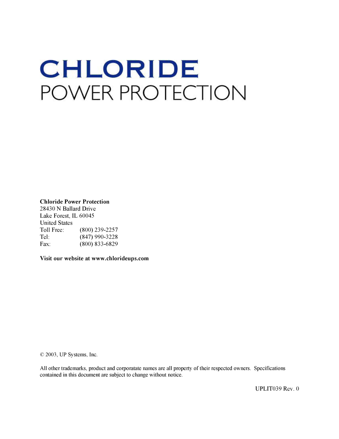 Rackmount Solutions VA 10000, VA 3000, VA 700, VA 6000, VA 20000 manual Chloride Power Protection 