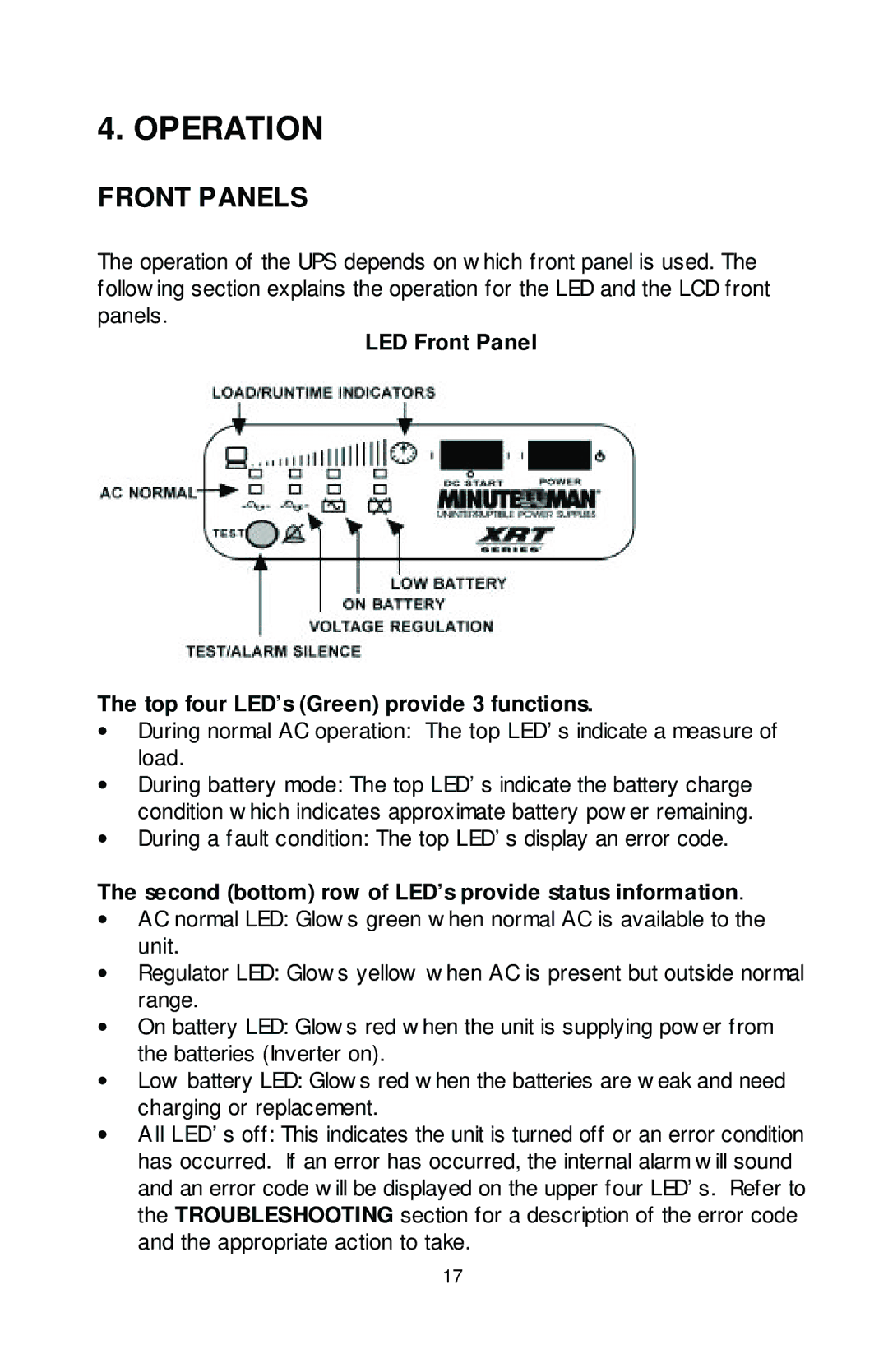 Rackmount Solutions XRT Series manual Operation, Front Panels, LED Front Panel Top four LED’s Green provide 3 functions 