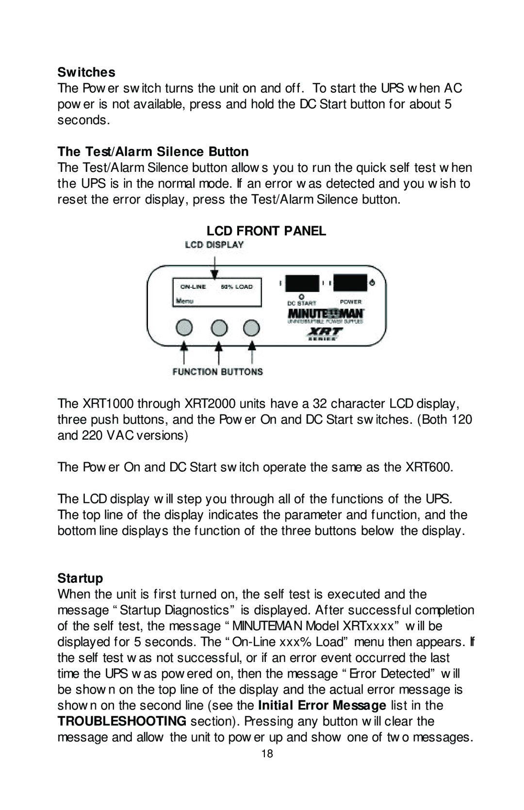 Rackmount Solutions XRT Series manual Switches, Test/Alarm Silence Button, Startup 